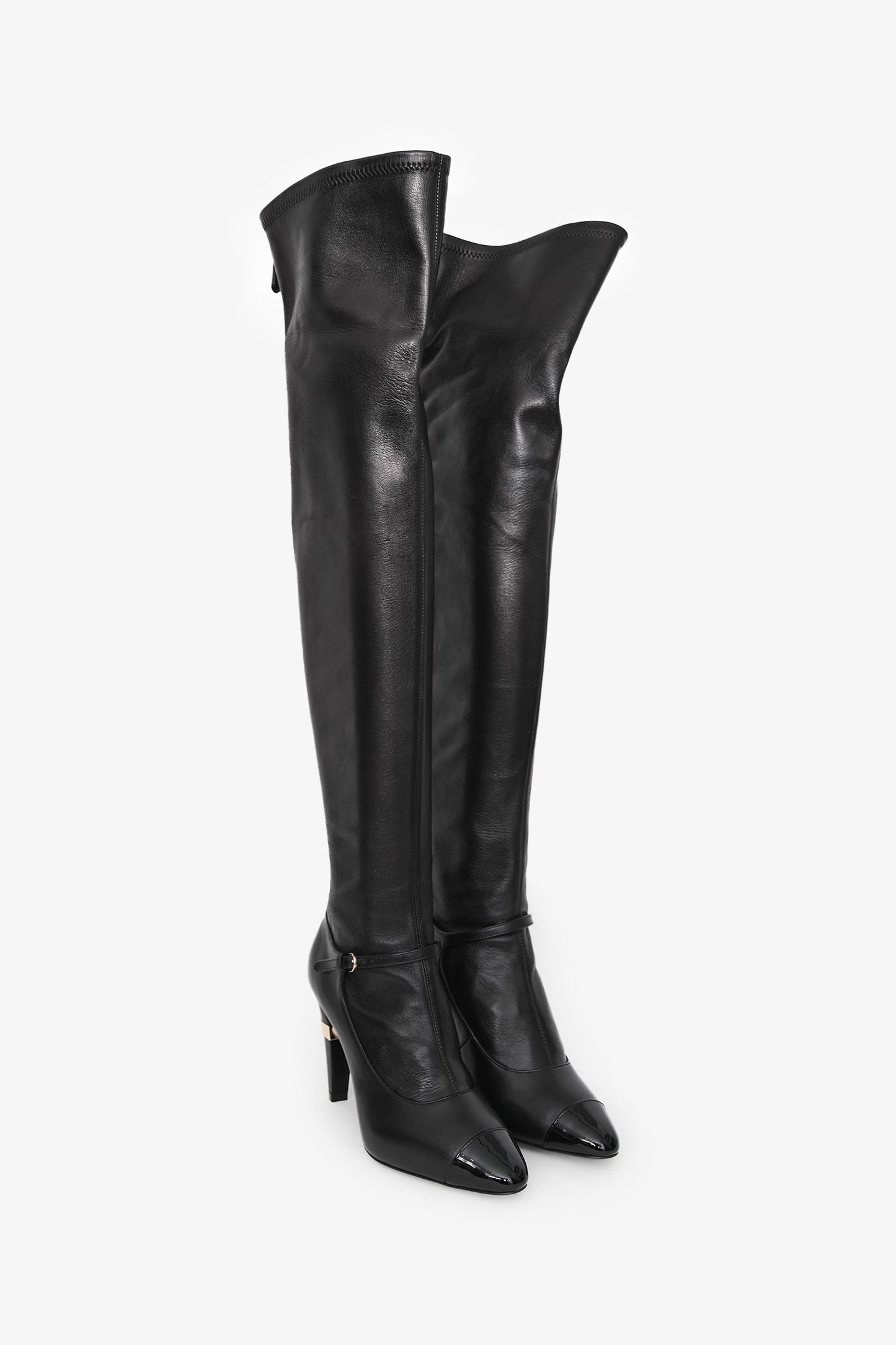Pre-Loved Chanel™ Black Lambskin Leather Mary Jane Thigh High Heeled Boots with Pearl Size 35