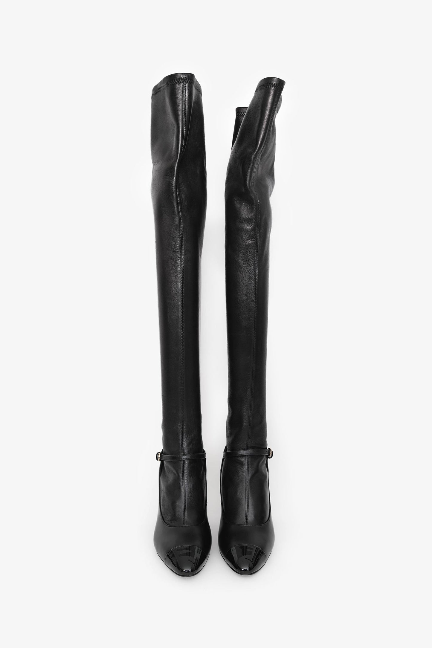 Pre-Loved Chanel™ Black Lambskin Leather Mary Jane Thigh High Heeled Boots with Pearl Size 35