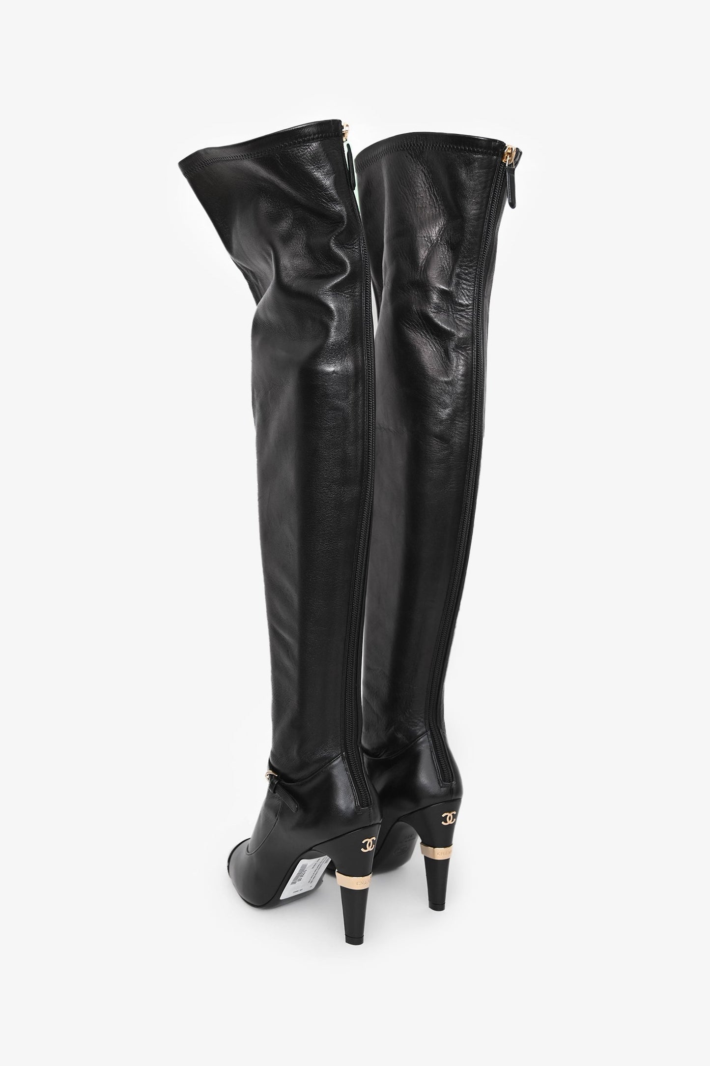Pre-Loved Chanel™ Black Lambskin Leather Mary Jane Thigh High Heeled Boots with Pearl Size 35