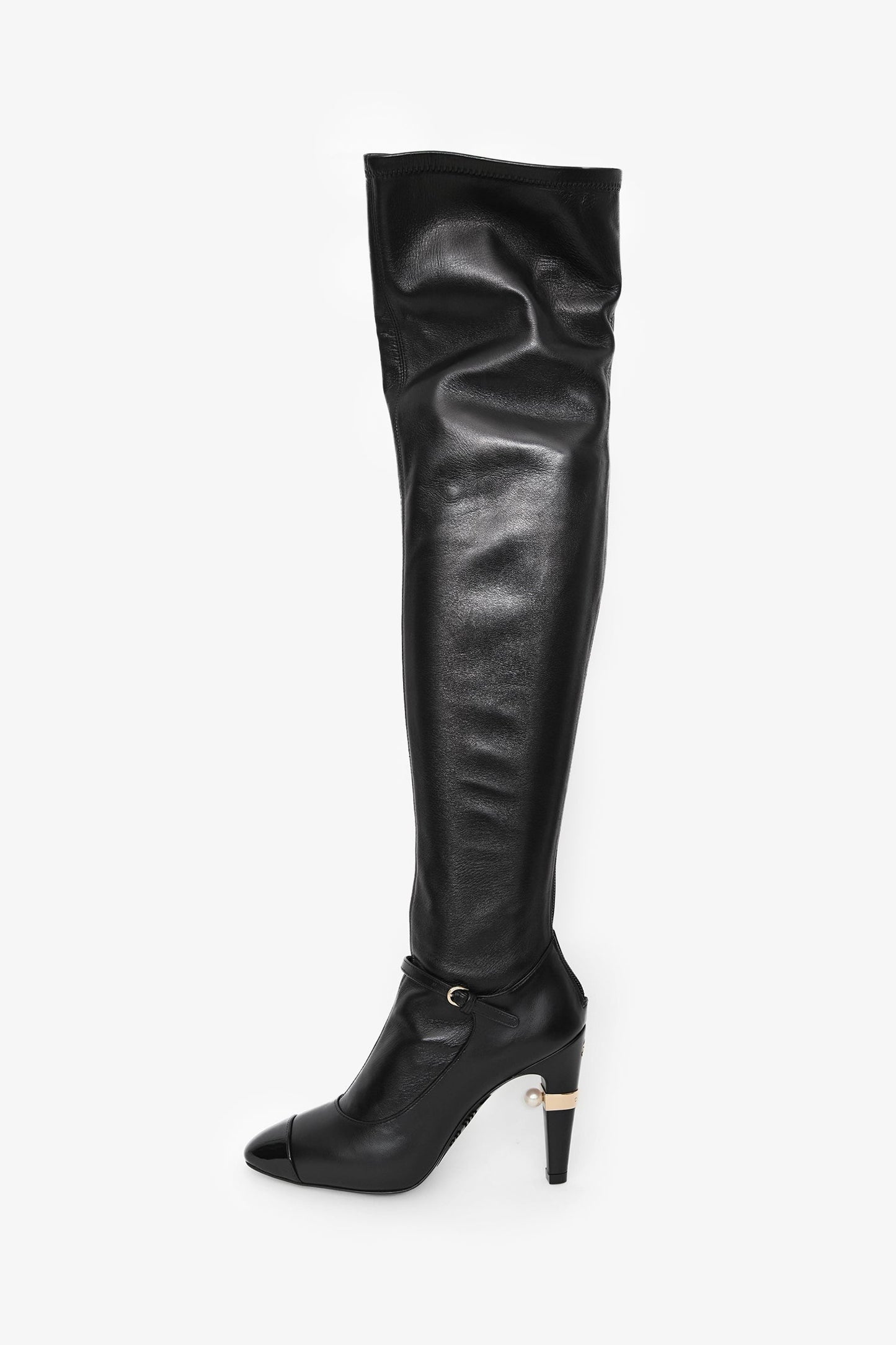Pre-Loved Chanel™ Black Lambskin Leather Mary Jane Thigh High Heeled Boots with Pearl Size 35