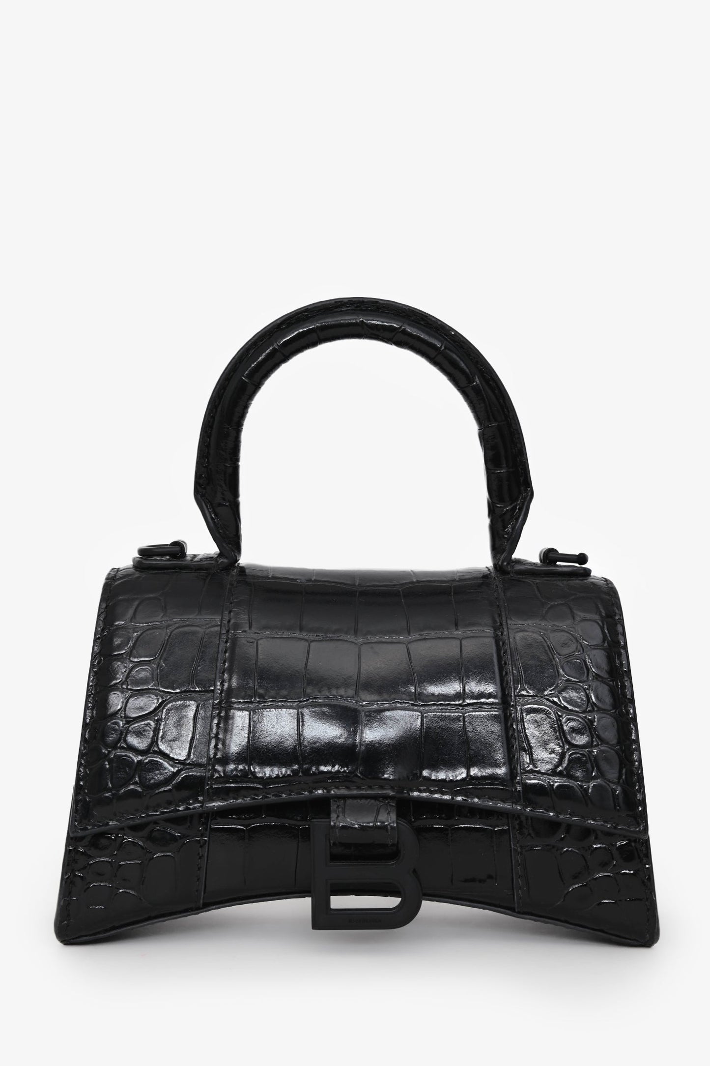 Balenciaga Black Croc Embossed XS Hourglass Top Handle Bag With Strap
