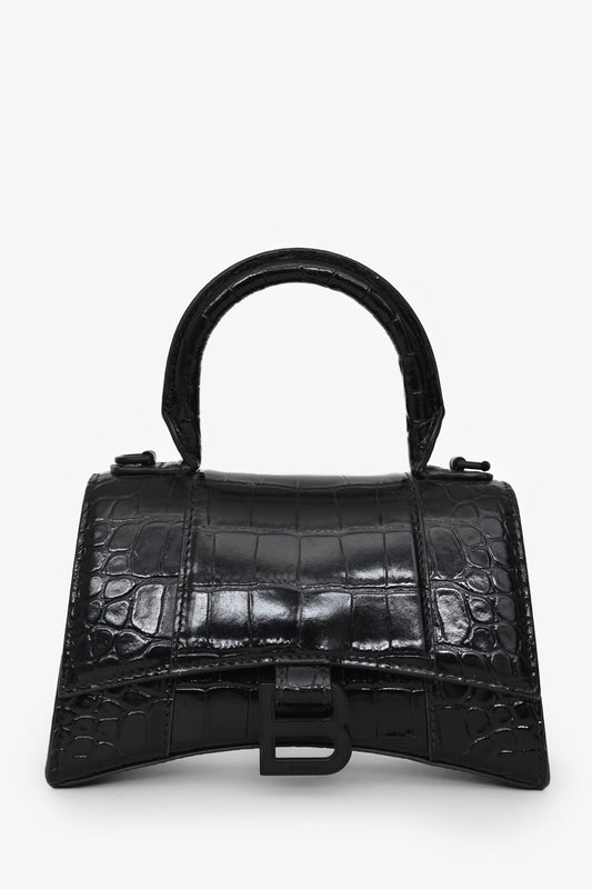 Balenciaga Black Croc Embossed XS Hourglass Top Handle Bag With Strap