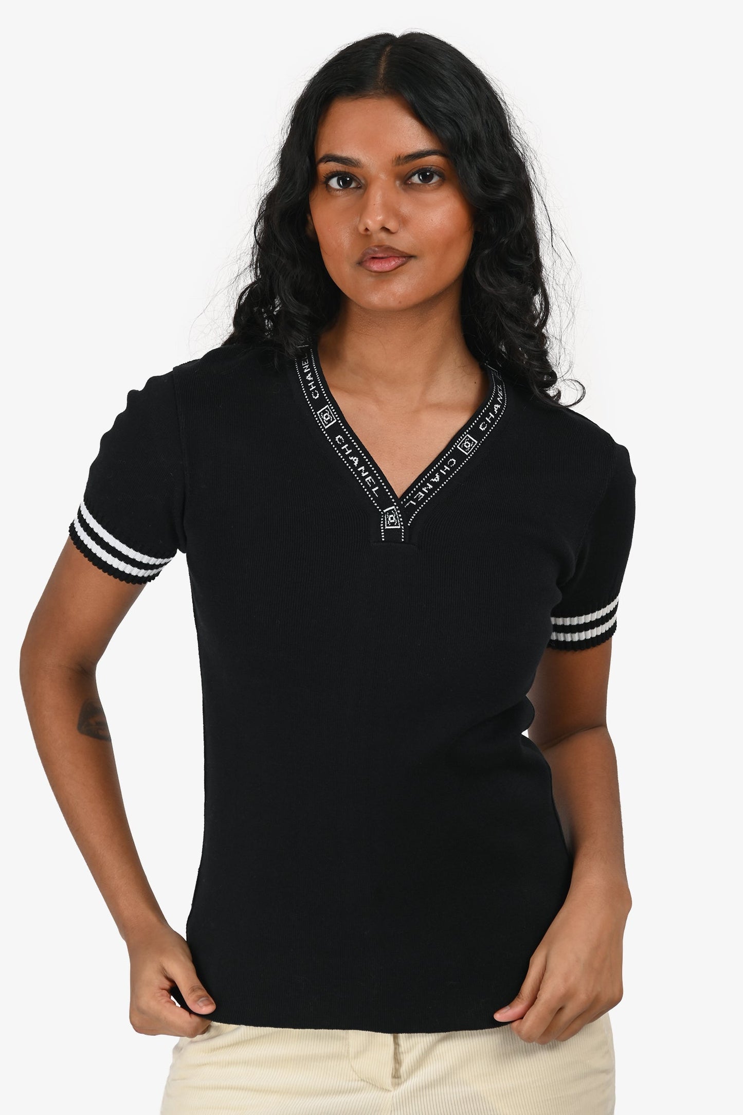Pre-Loved Chanel Black/White Knit Logo V-Neck Top Size 36