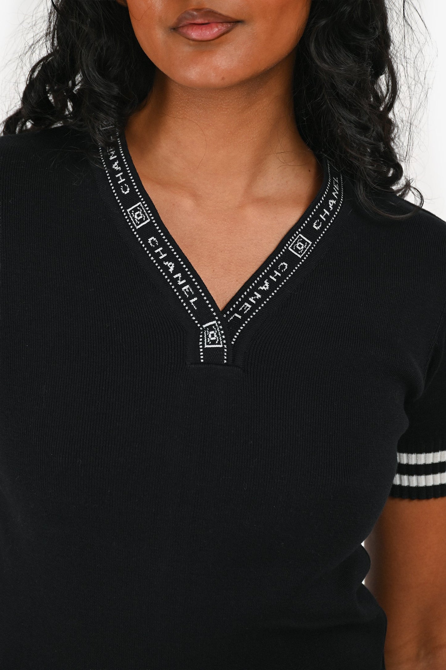 Pre-Loved Chanel Black/White Knit Logo V-Neck Top Size 36