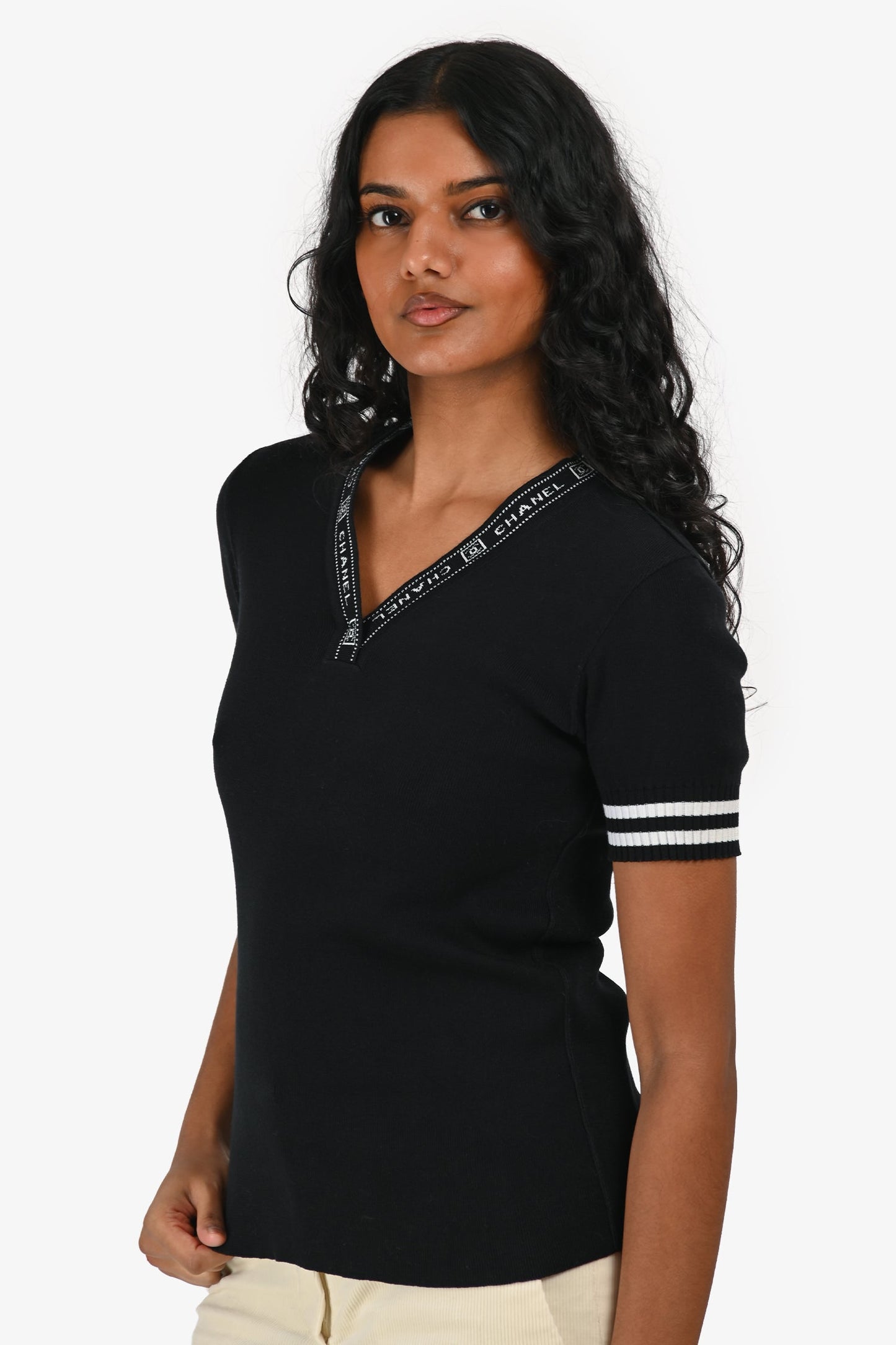 Pre-Loved Chanel Black/White Knit Logo V-Neck Top Size 36