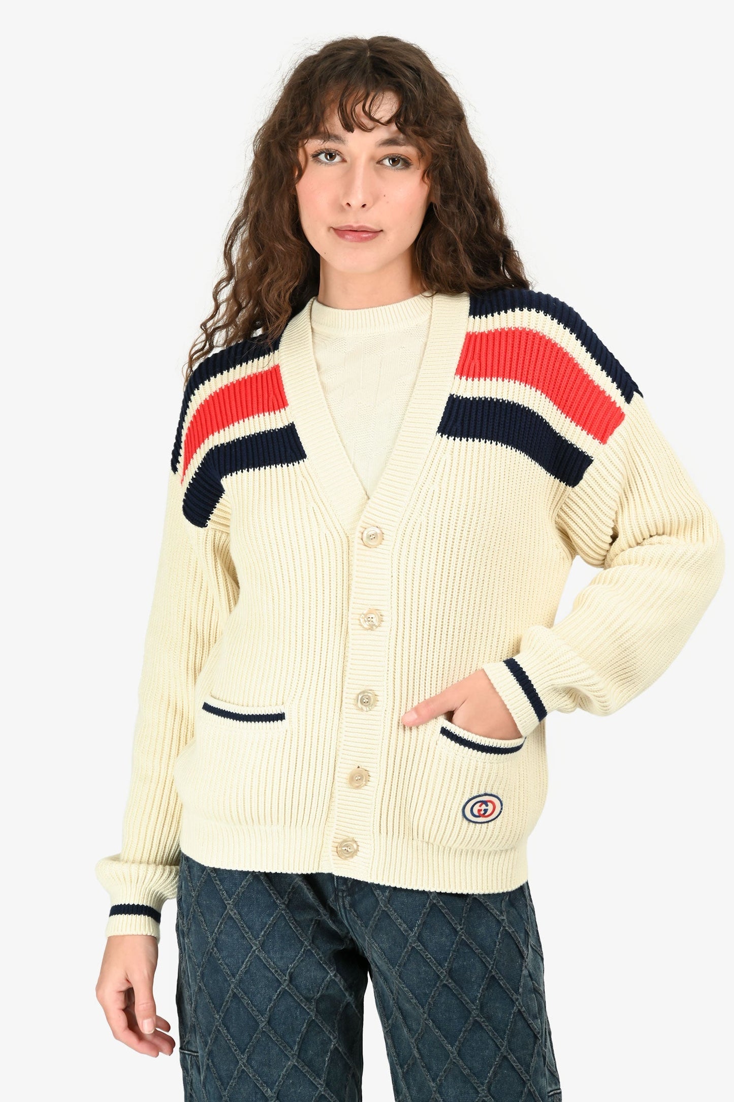 Gucci Cream GG Interlocking Logo V-Neck Cardigan Size XS