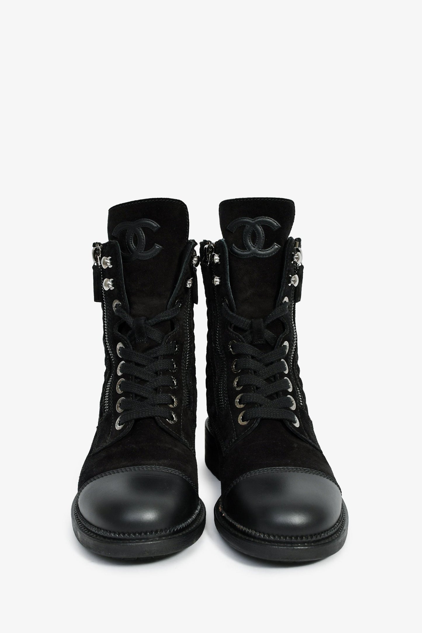 Pre-Loved Chanel™ 2018 Black Quilted Suede Lace Up Boots Size 37