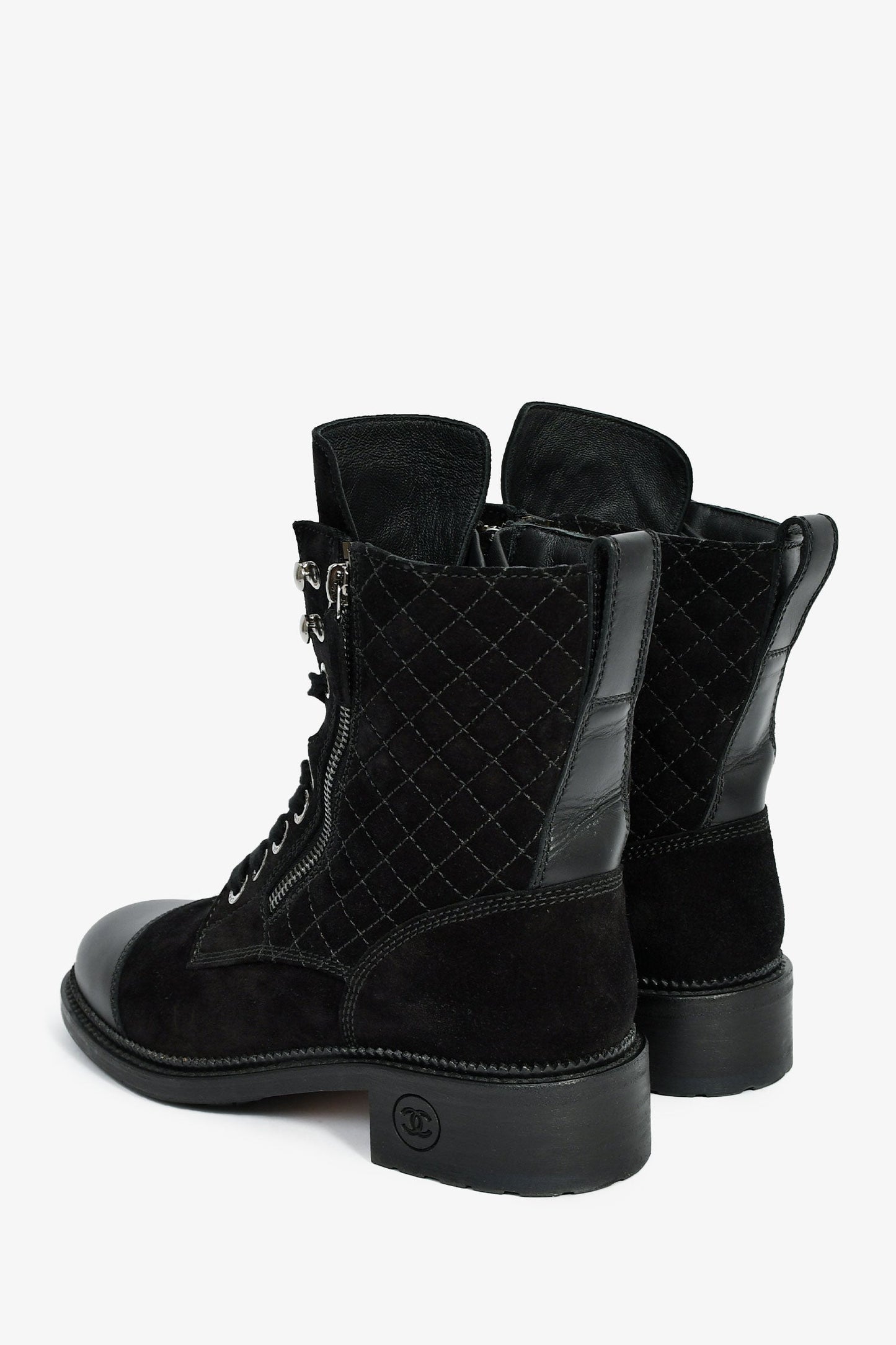 Pre-Loved Chanel™ 2018 Black Quilted Suede Lace Up Boots Size 37