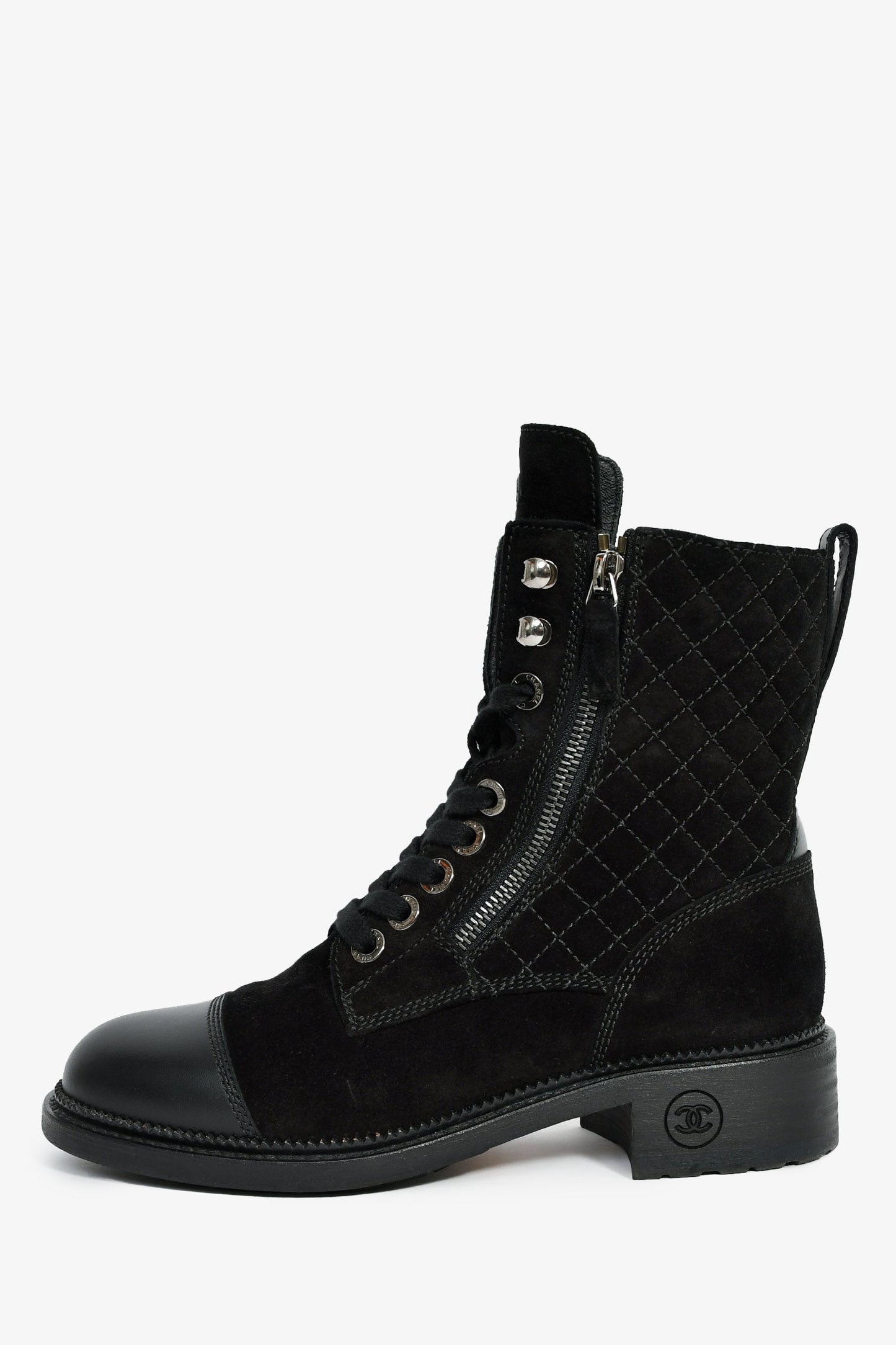 Pre-Loved Chanel™ 2018 Black Quilted Suede Lace Up Boots Size 37