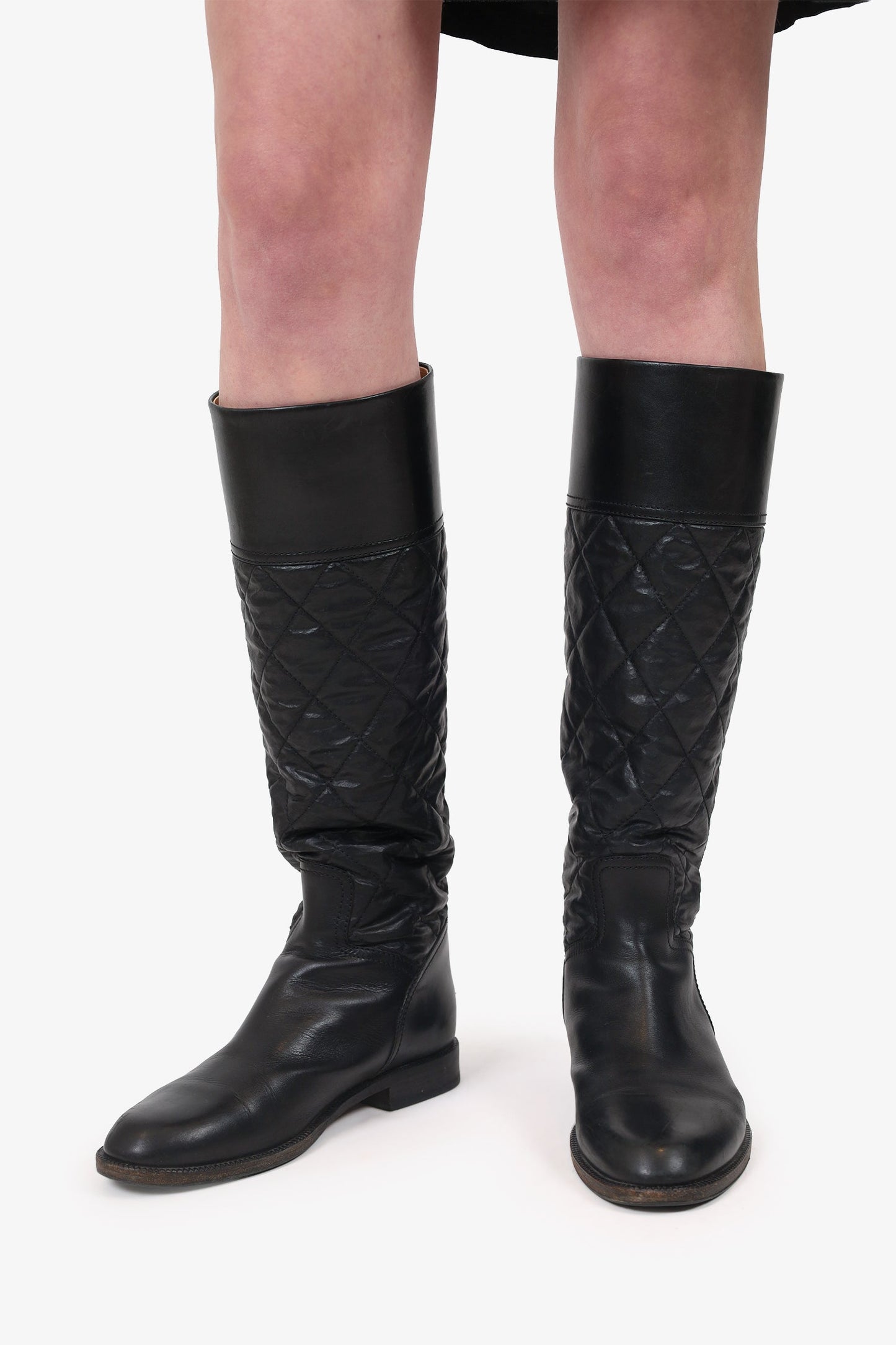 Chanel™ Black Leather Quilted Knee High Boots Size 39