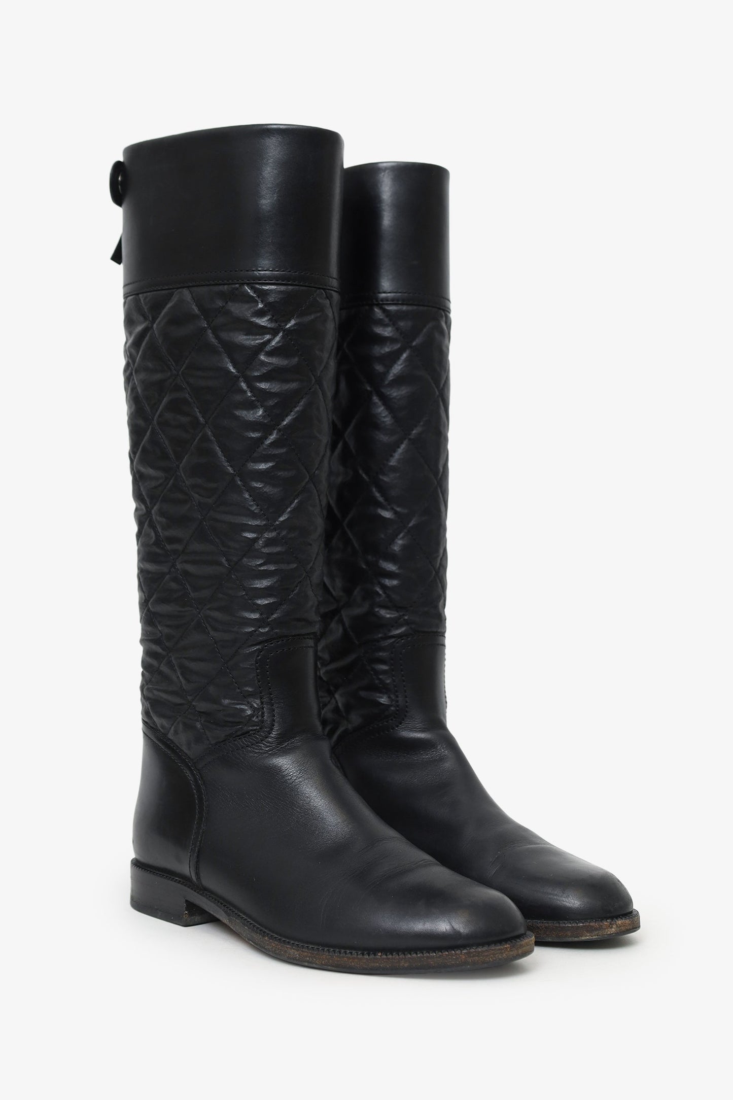 Chanel™ Black Leather Quilted Knee High Boots Size 39
