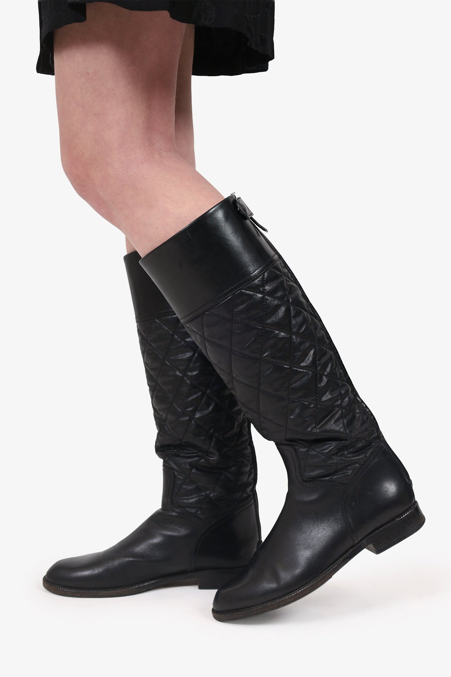 Chanel™ Black Leather Quilted Knee High Boots Size 39