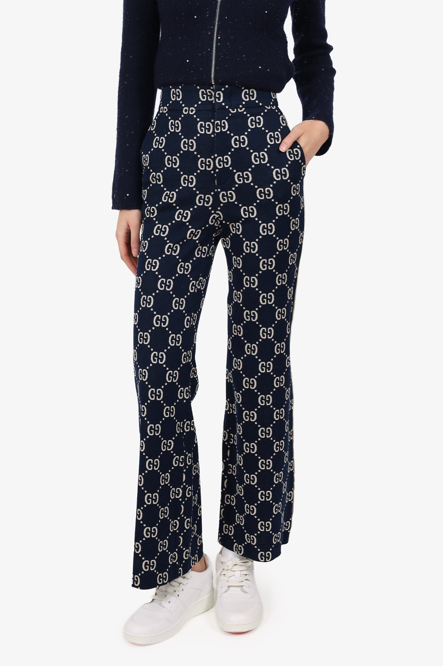 Gucci Navy/Cream Knit 'GG' Monogram Pants Size 36