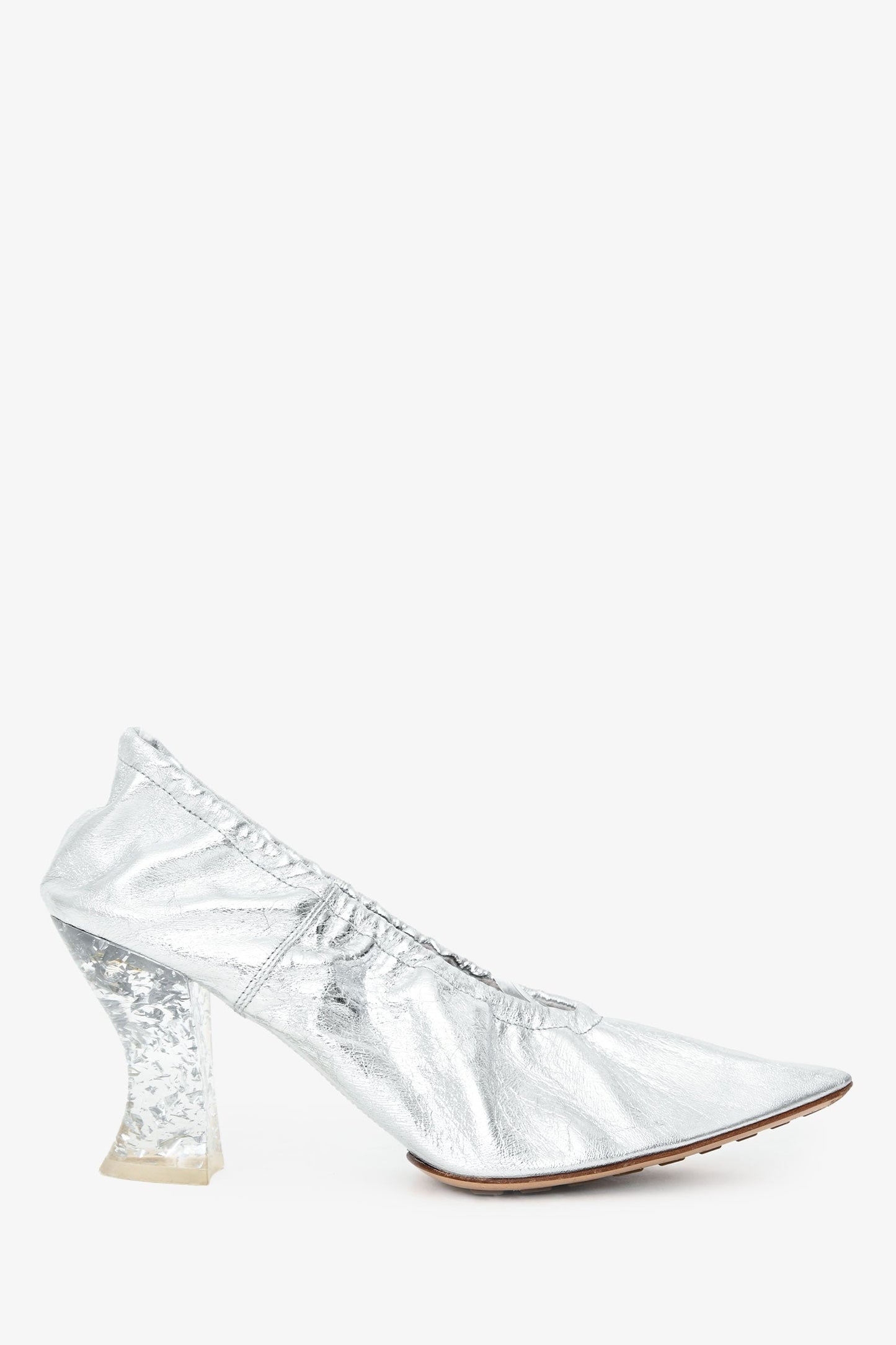Bottega Veneta Silver Crinkled Leather Clear 'Almond' Pointed Heel Size 38.5