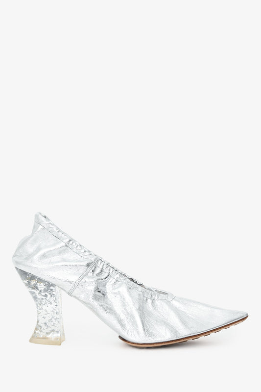 Bottega Veneta Silver Crinkled Leather Clear 'Almond' Pointed Heel Size 38.5
