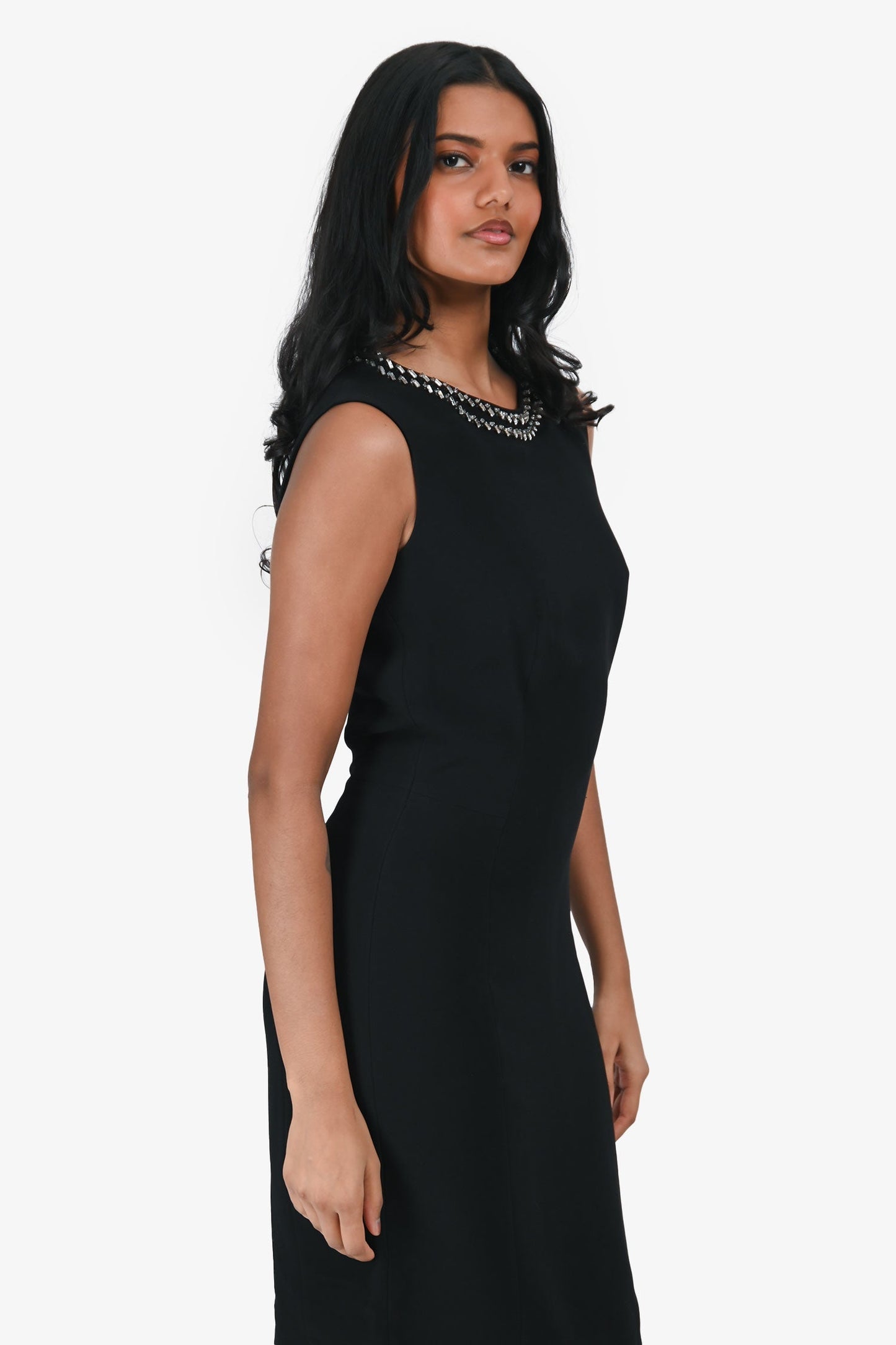 Prada 2014 Black Embellished Neckline Midi Cocktail Dress Size 38
