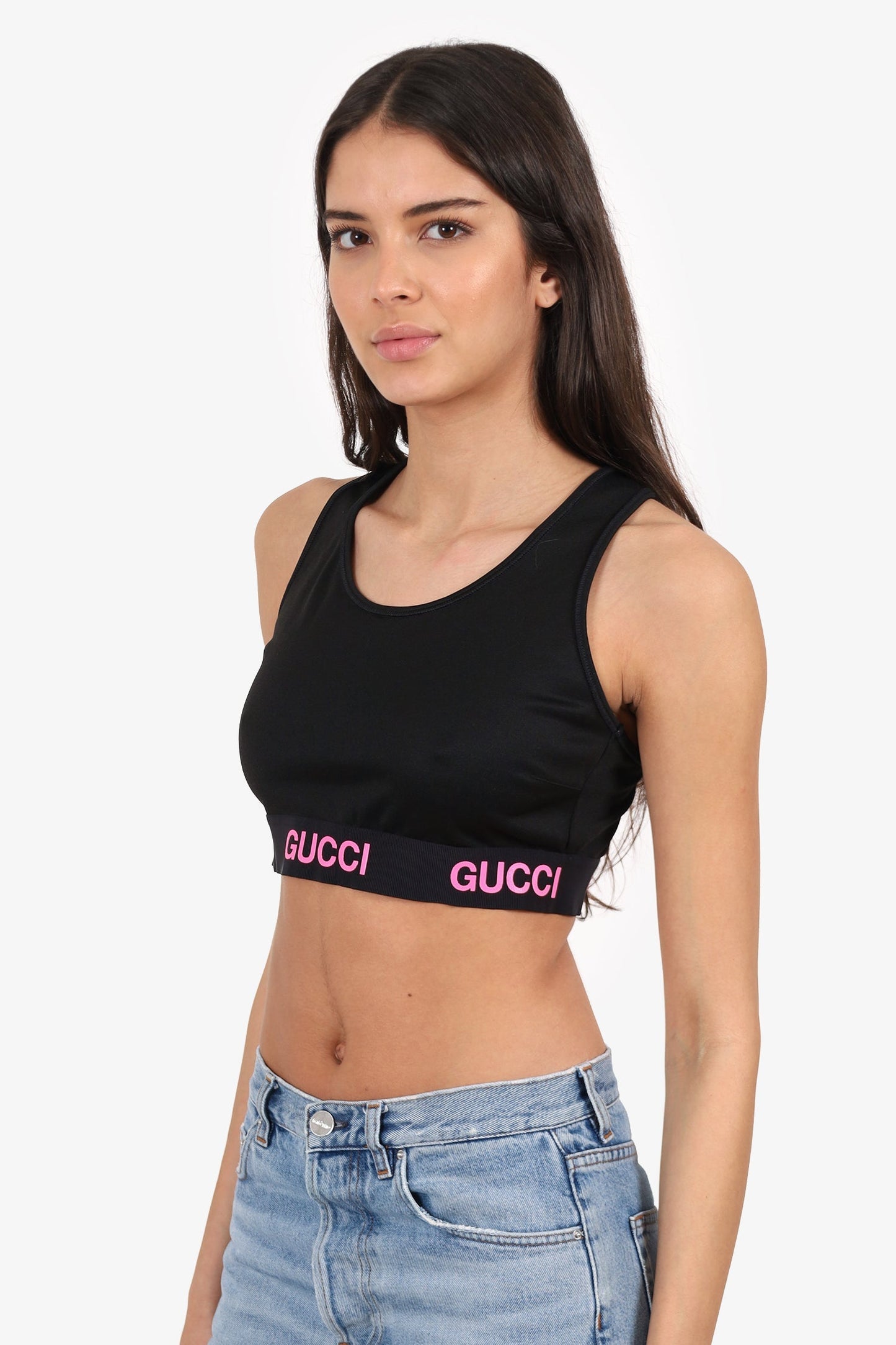 Gucci Black/Neon Pink Logo Sports Bralette Size M