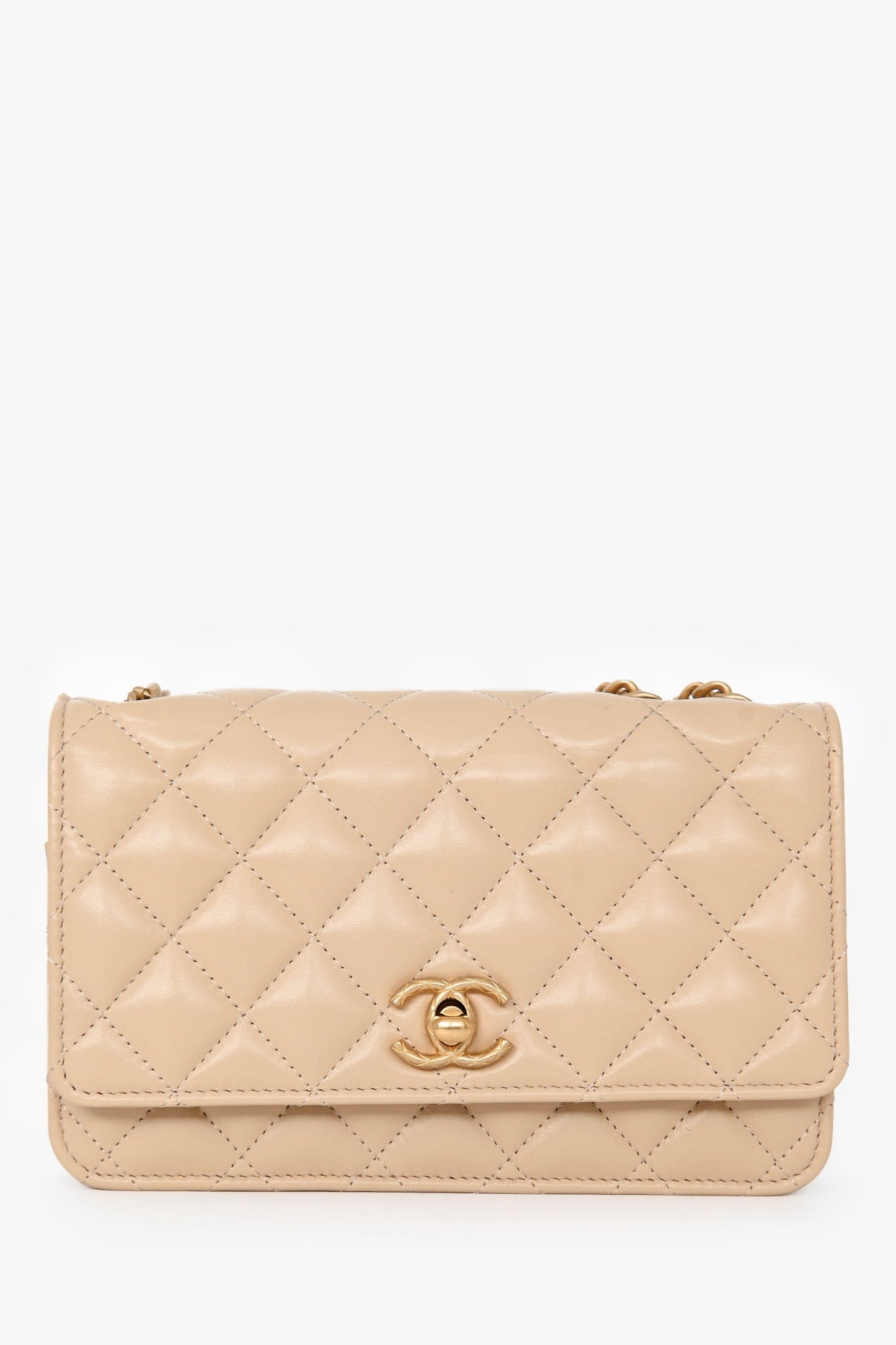 Pre-Loved Chanel™ Beige Lambskin Leather 'All Slide' Wallet on Chain