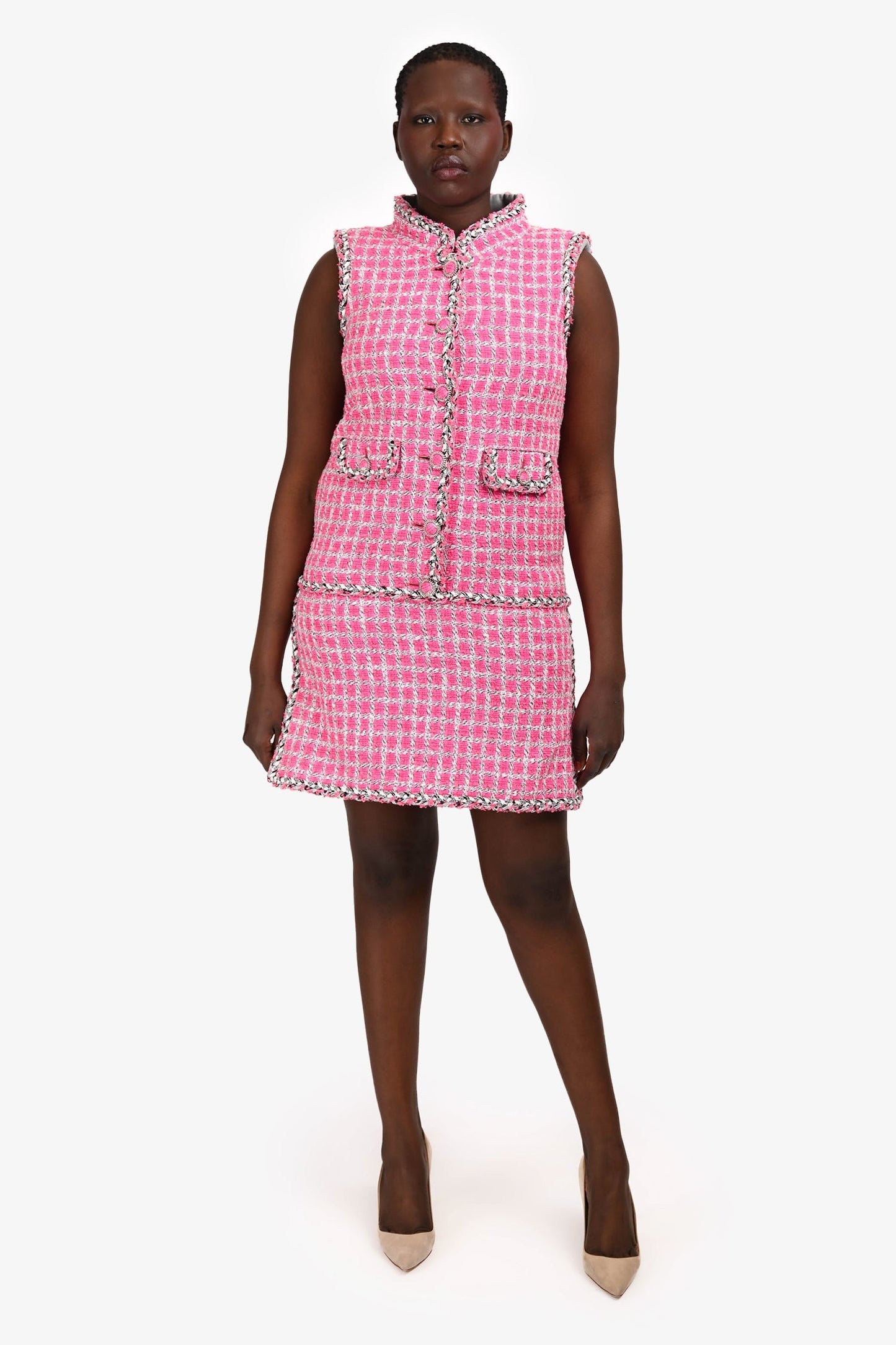 Pre-Loved Chanel™ 2014 Runway Pink Tweed Sleeveless Mini Dress Size 40