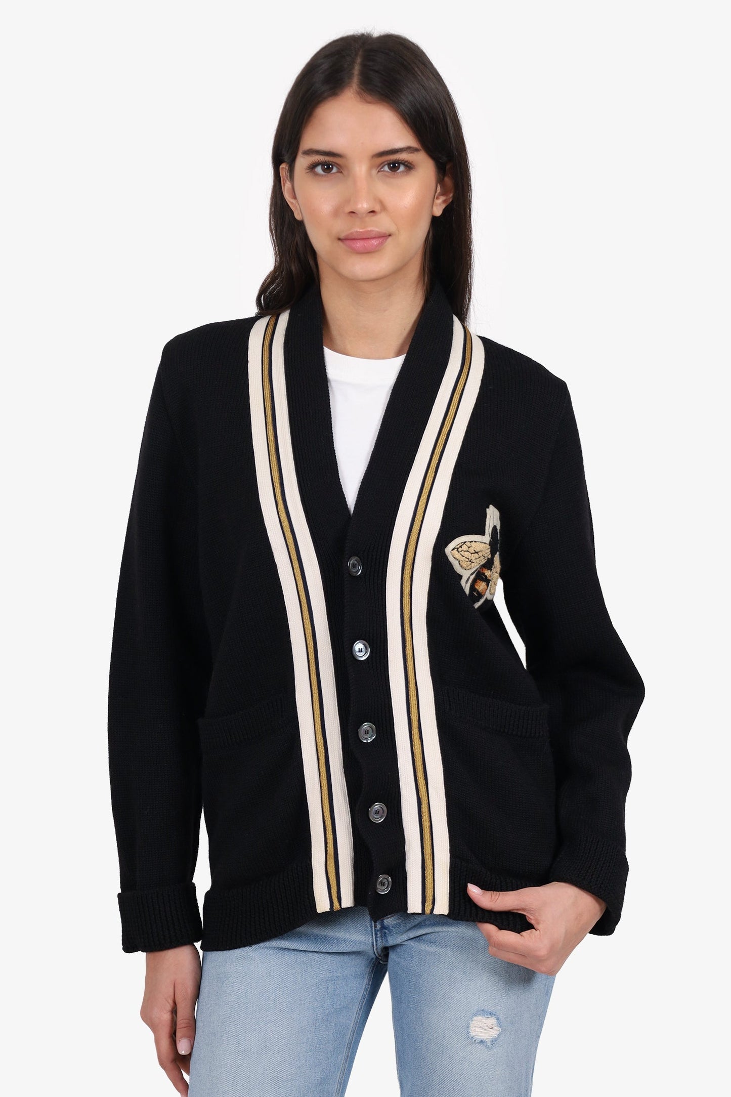 Gucci Black Wool Knit Bee Embroidery Cardigan Size S