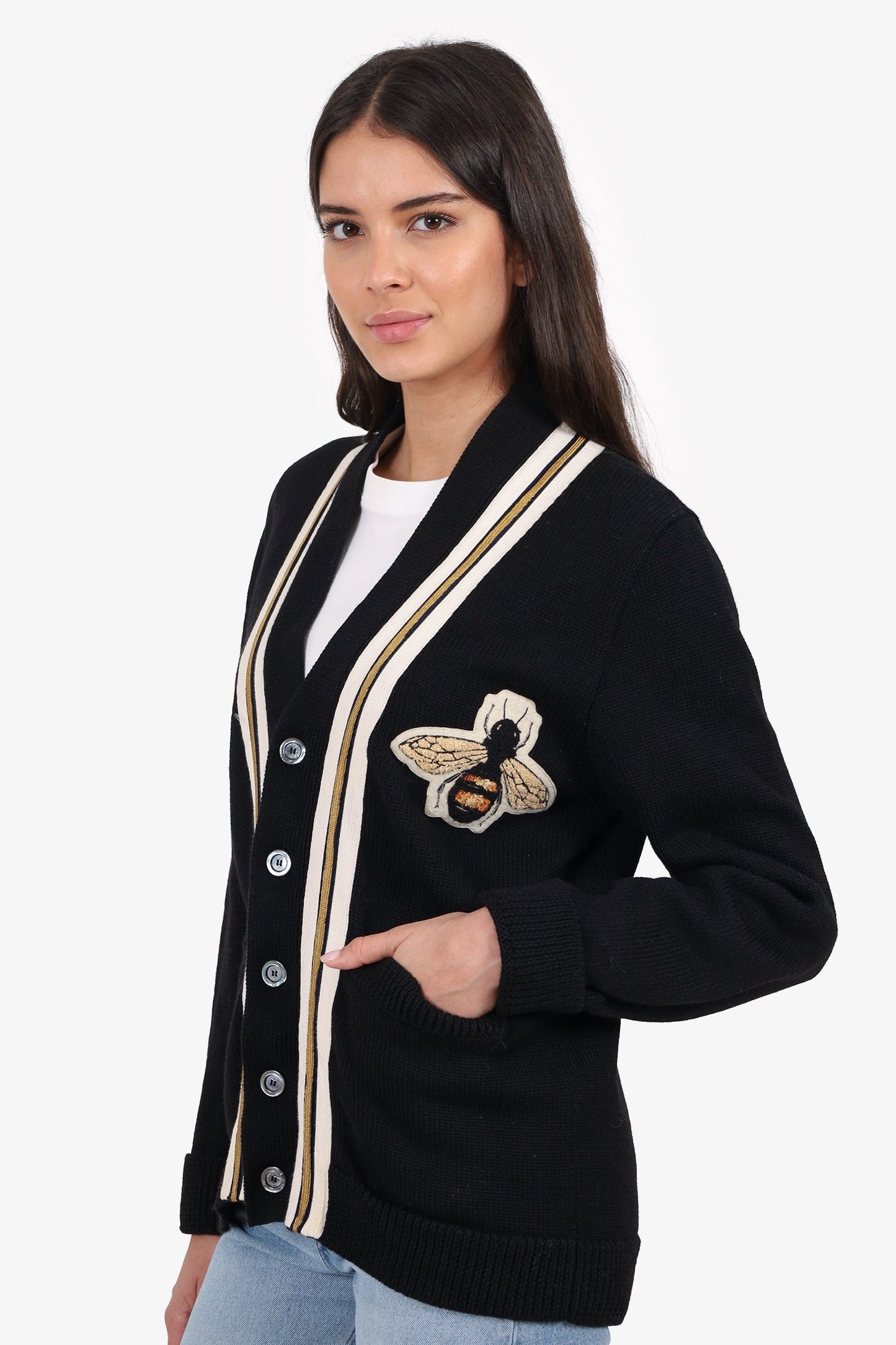 Gucci Black Wool Knit Bee Embroidery Cardigan Size S