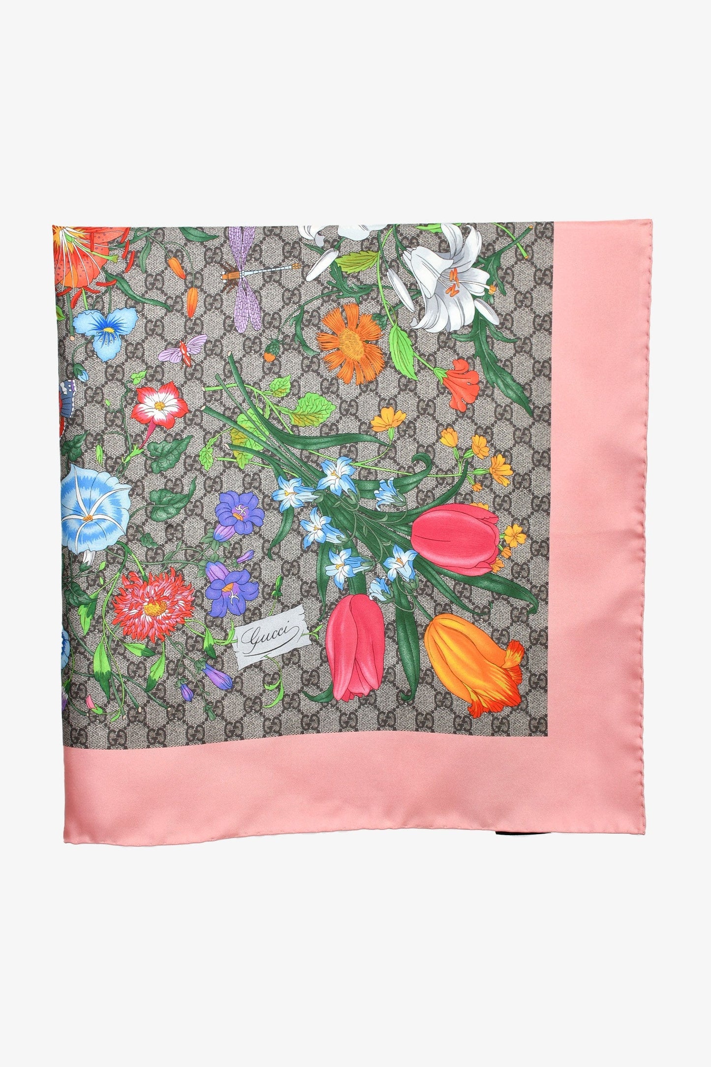 Gucci Brown/Pink Multicolour Floral Silk Scarf 90