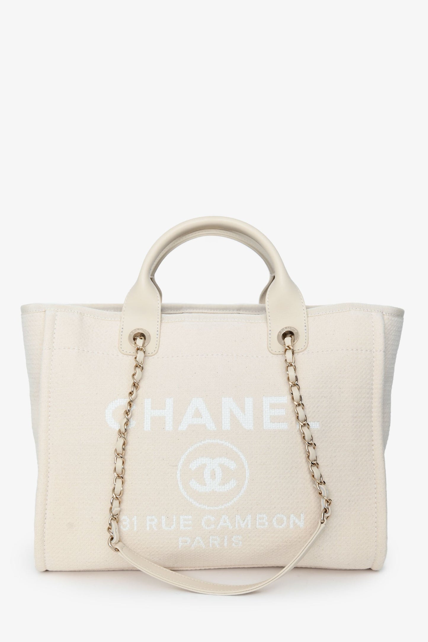 Pre-Loved Chanel™ Beige Canvas Small Deauville Shopping Tote with Pouch