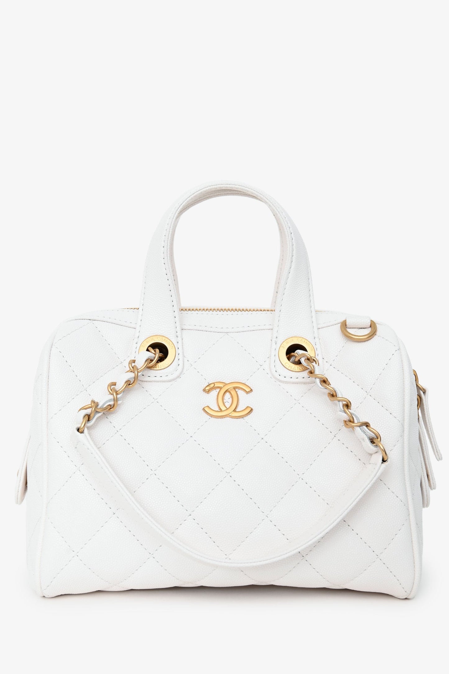 Pre-Loved Chanel™ White Caviar Leather Bowling Bag With Gold Hardware