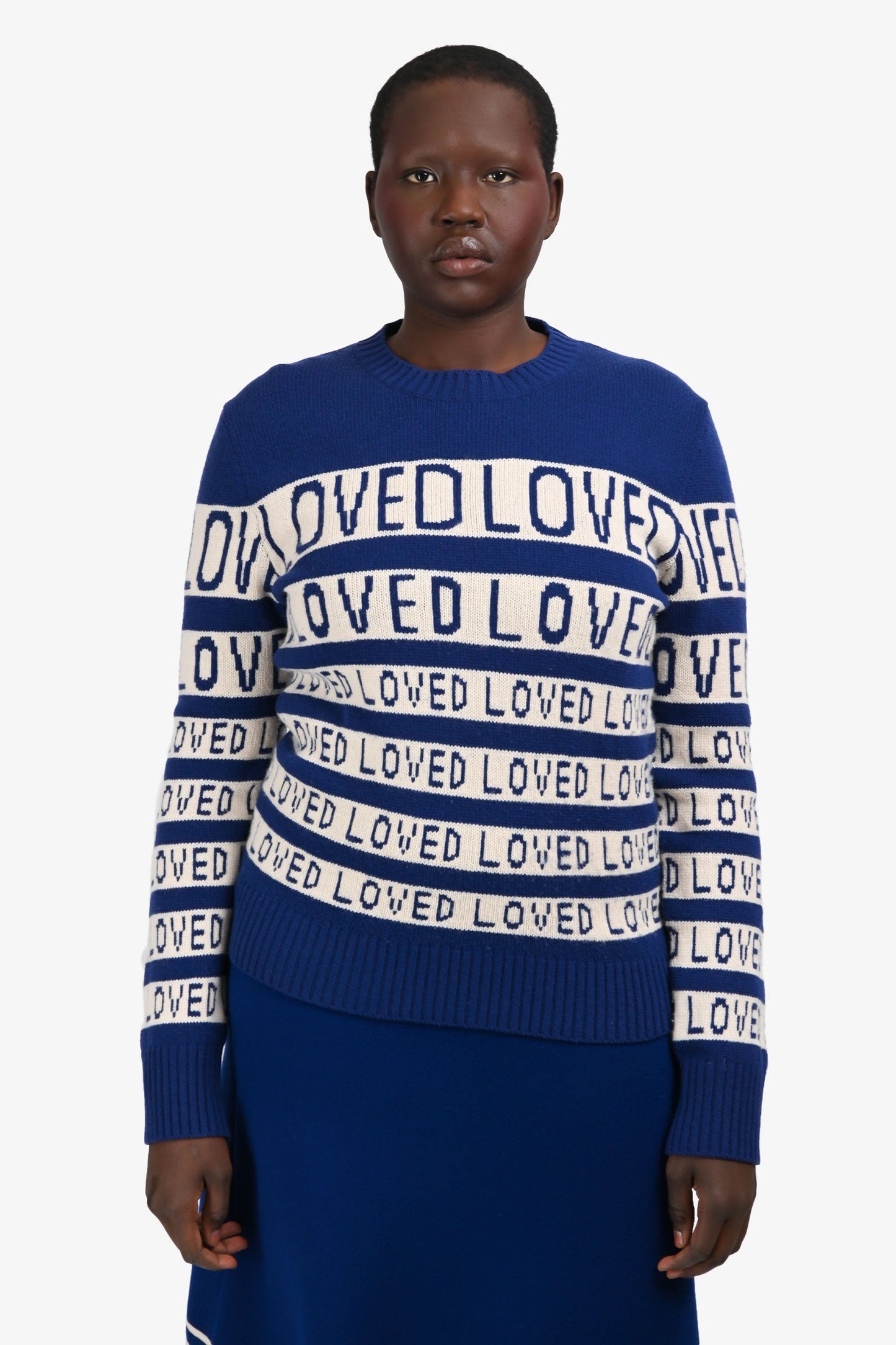 Gucci Blue/White Wool 'Loved' Long Sleeve Crewneck Sweater Size S