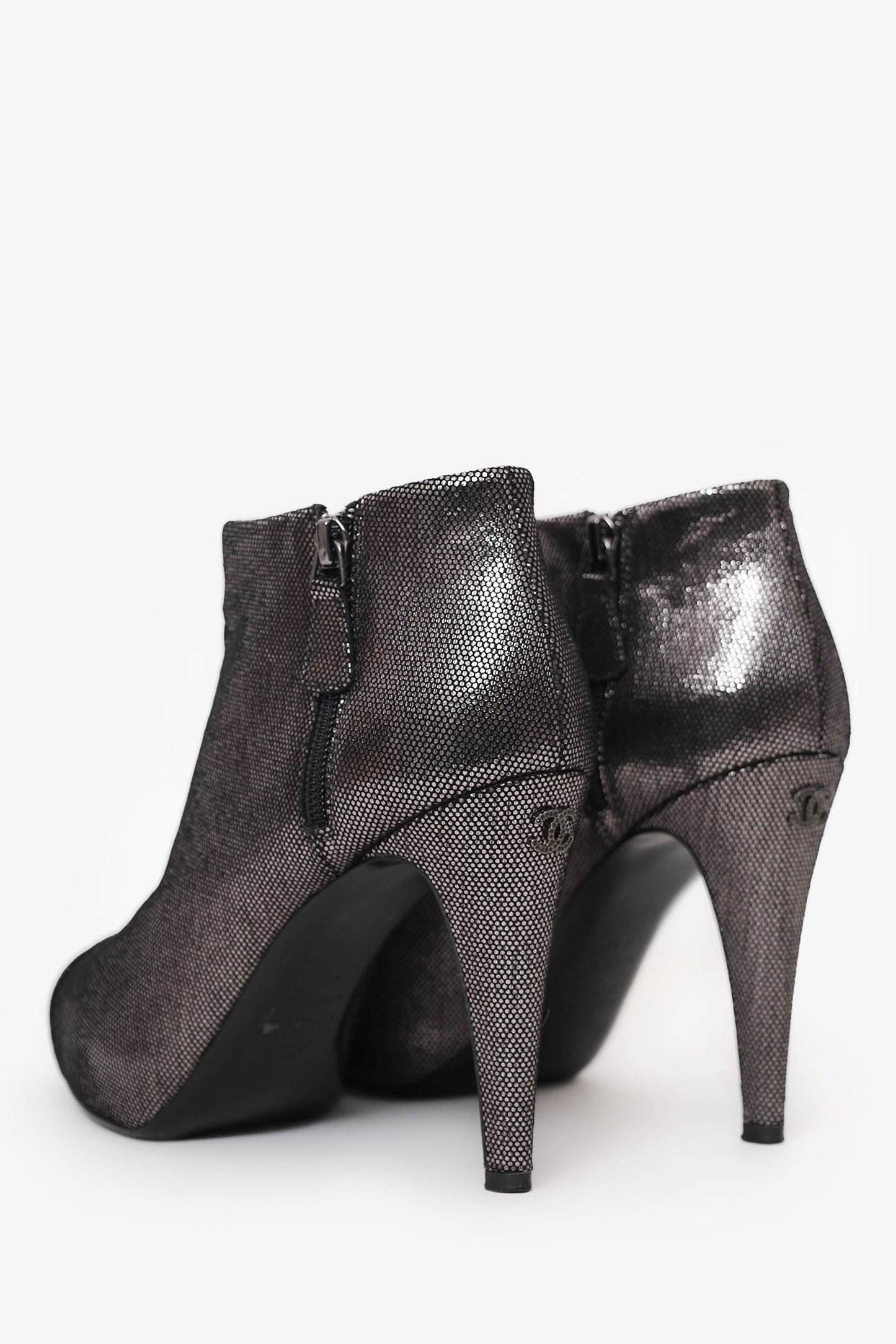 Pre-Loved Chanel™ Gunmetal/Black Cap Toe Ankle Booties Size 41.5