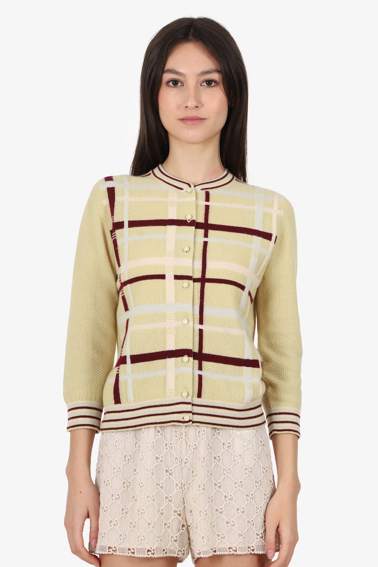 Pre-Loved Chanel™ 04P Yellow Cashmere Plaid Cardigan Size 40