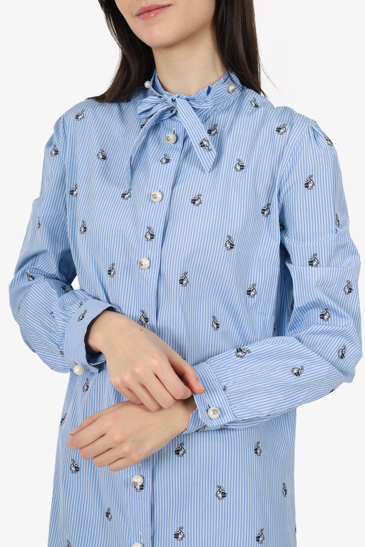 Gucci Blue/White Striped Rabbit Embroidered Shirt Dress Size 44