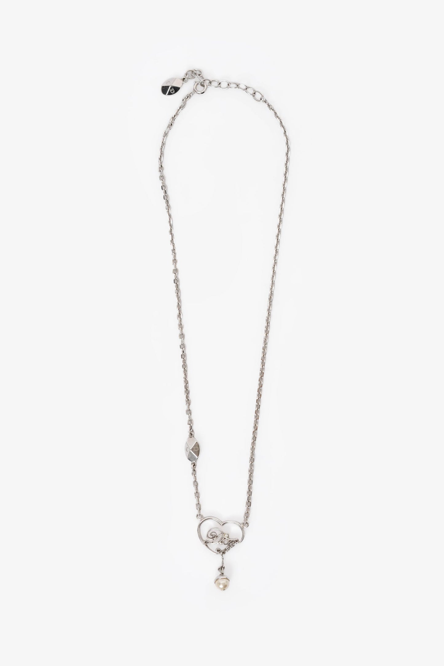 Christian Dior Silver Toned Heart Logo Pearl Necklace