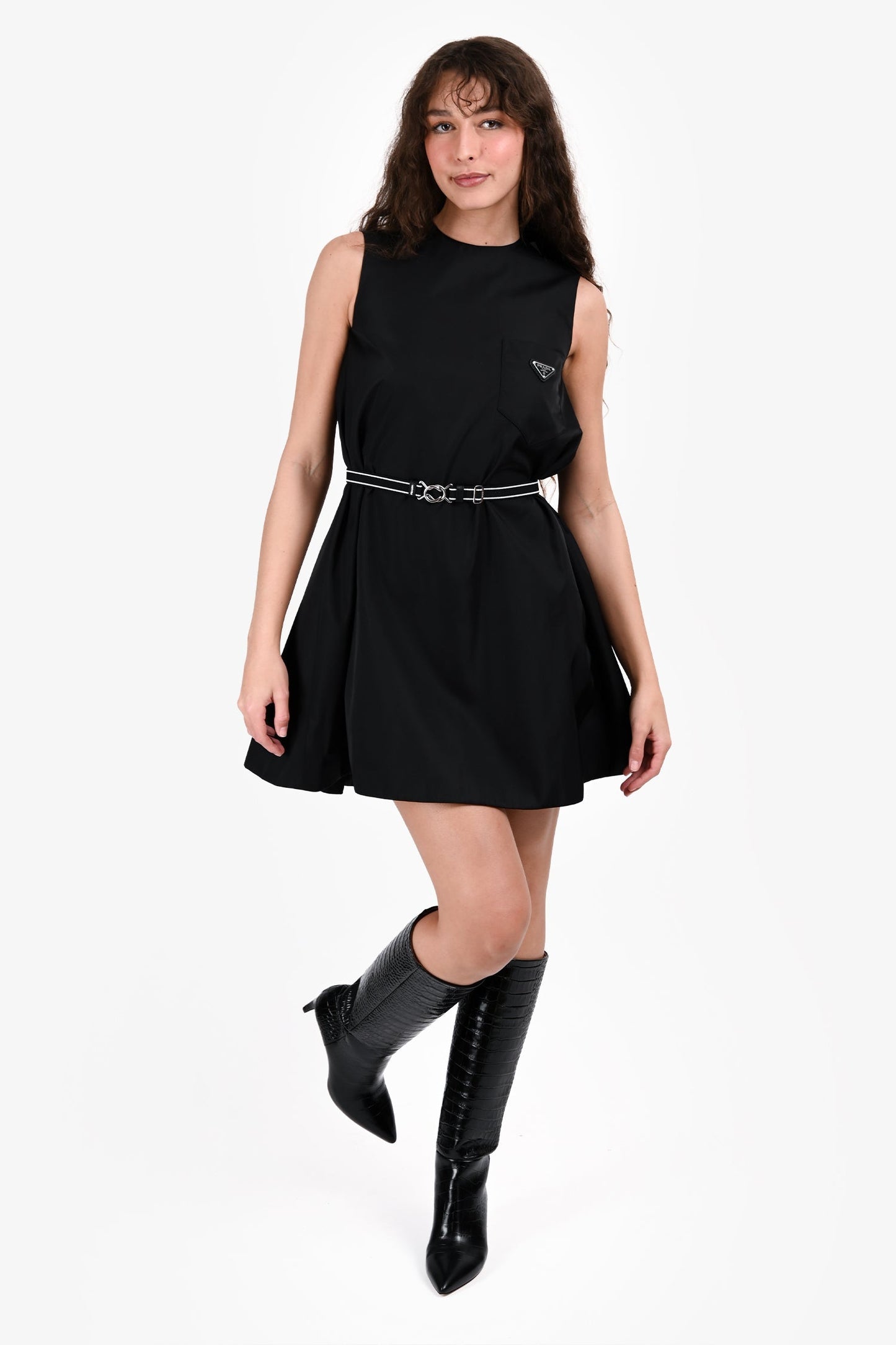 Prada 2019 Black Re-Nylon 'Gabardine' Belted Midi Dress Size 36