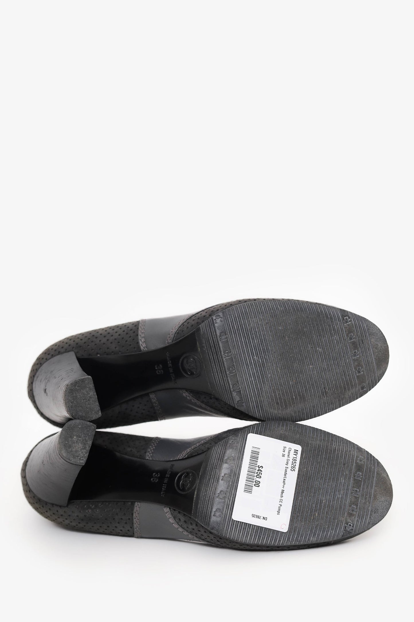 Pre-Loved Chanel™ Grey Suede/Leather Mesh CC Pumps Size 36
