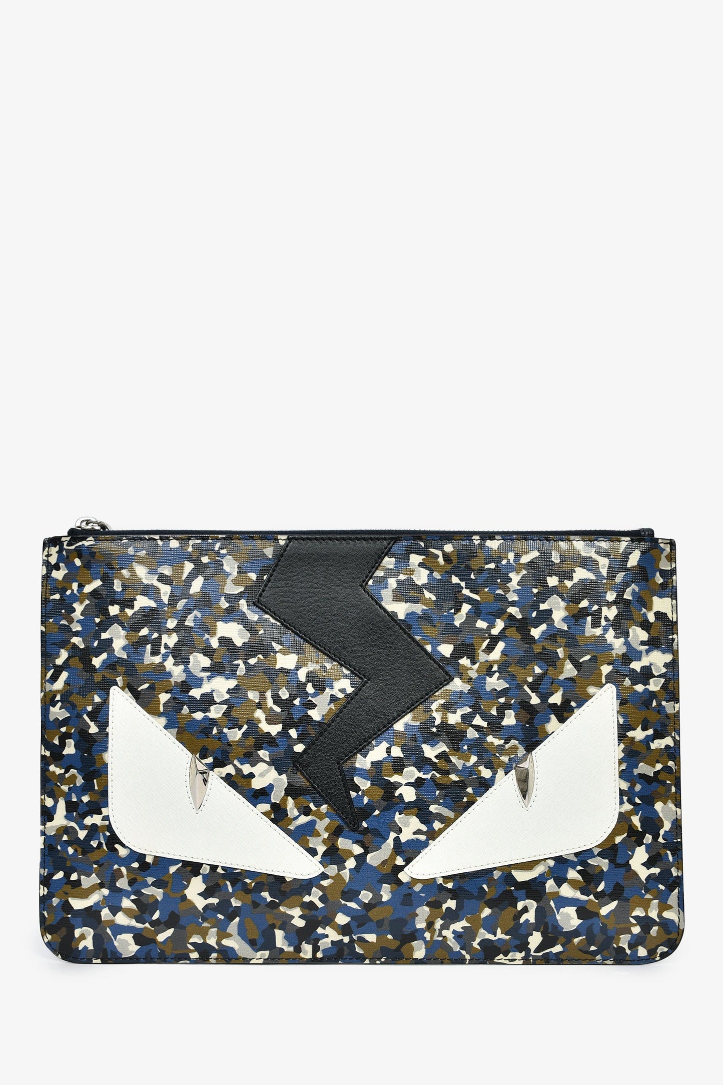Fendi 2016 Black/White Leather Monster Eyes Zip Pouch