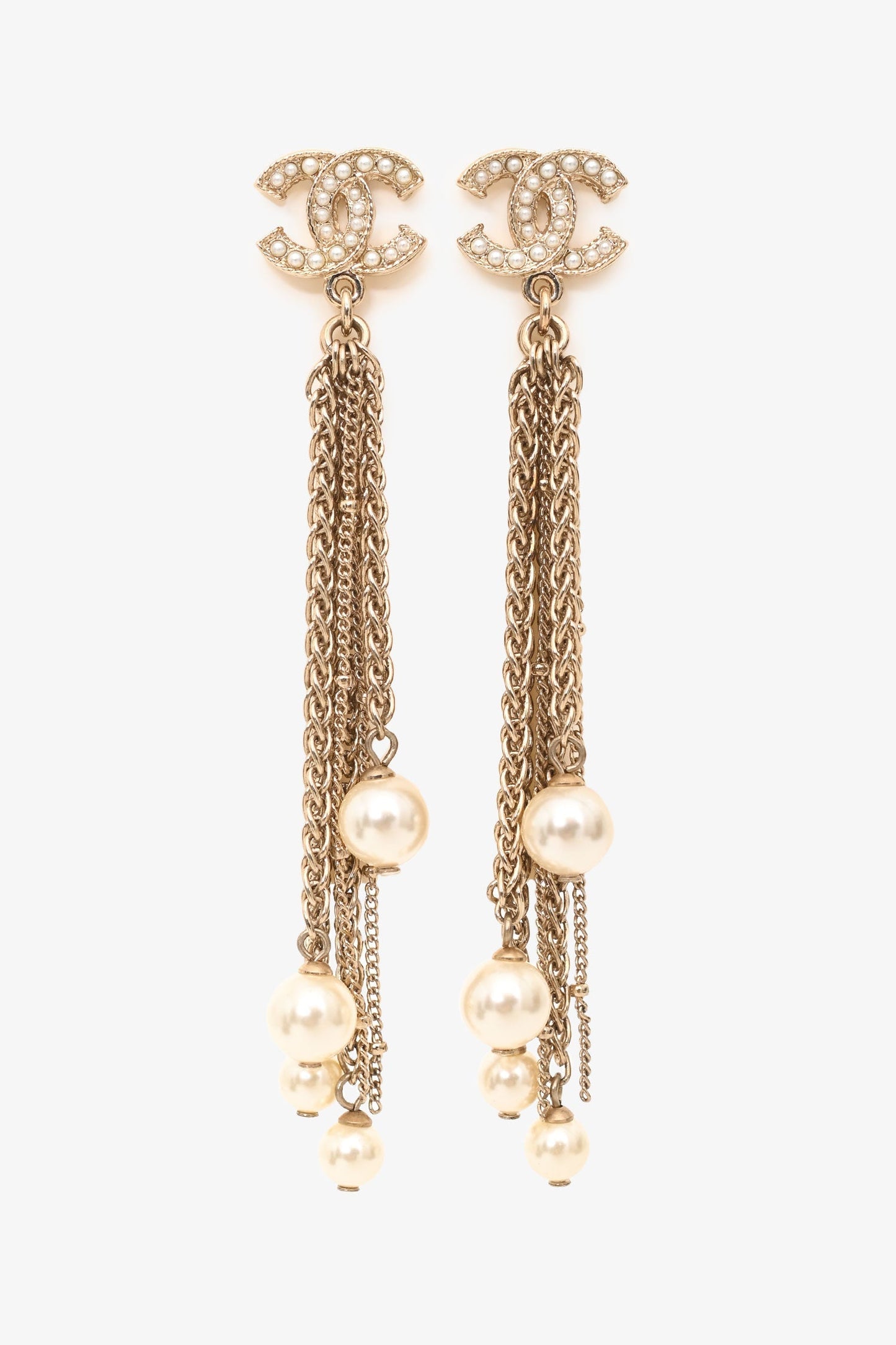 Pre-Loved Chanel™ 2020 Gold Tone Faux Pearl CC Ear Pendants