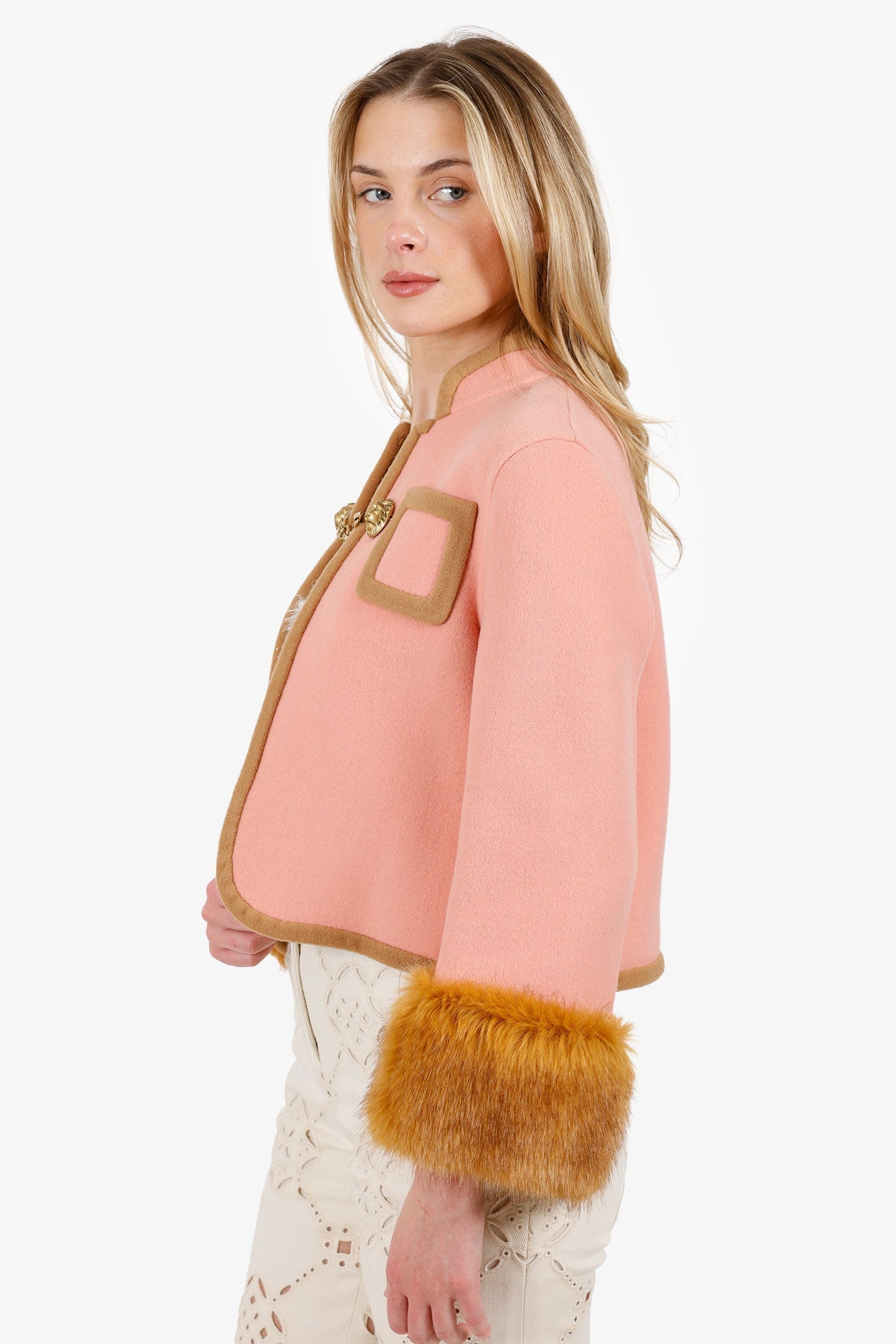 Gucci Pink Wool Lion Head Buckle Detail Coat With Fur Size 42