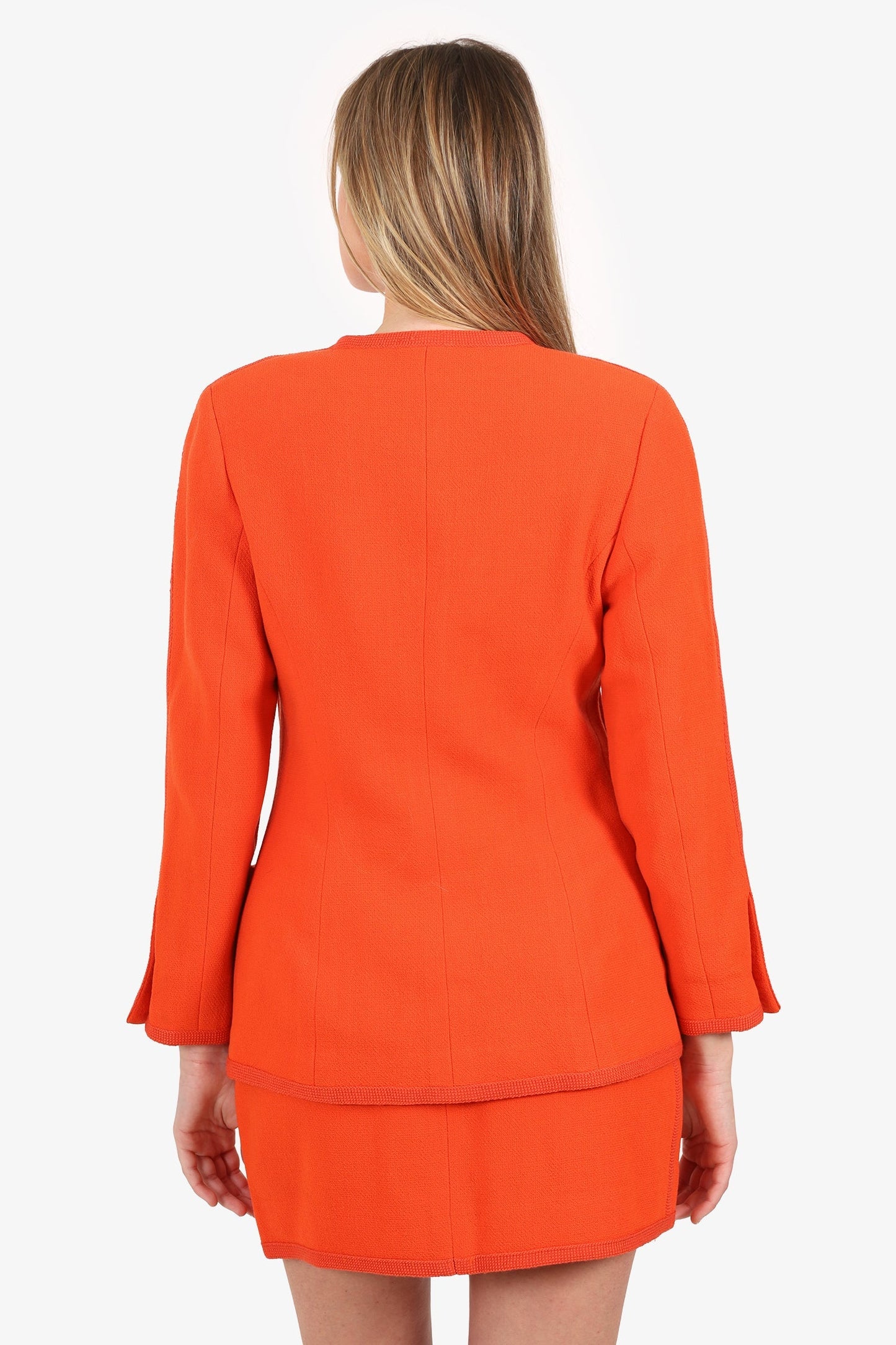 Pre-Loved Chanel™1995 Orange Wool CC Button Jacket With Mini Skirt Set Size 42