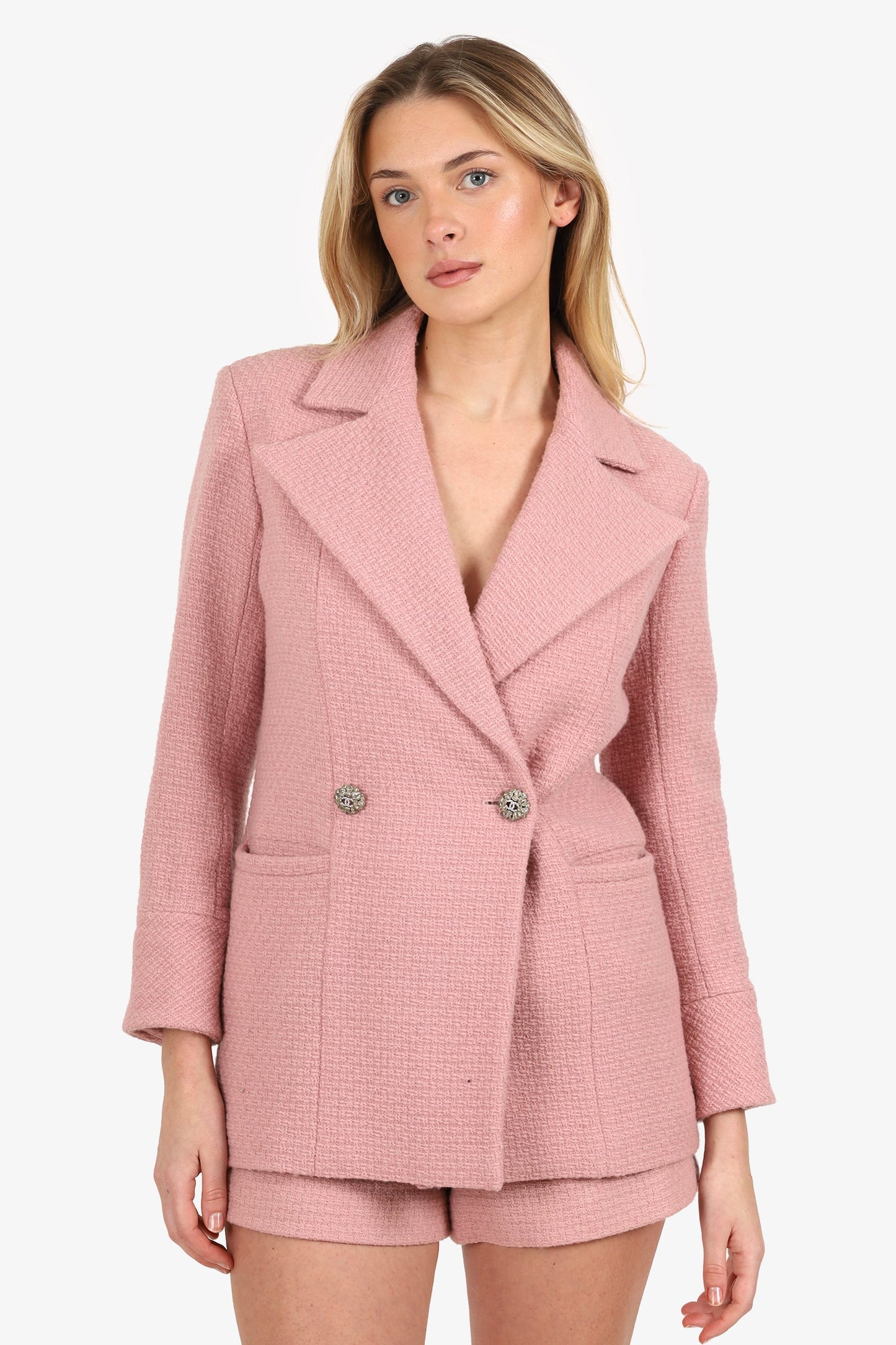 Pre-Loved Chanel™ 22K Pink Wool Tweed CC Jewel Buttons Blazer Size 34