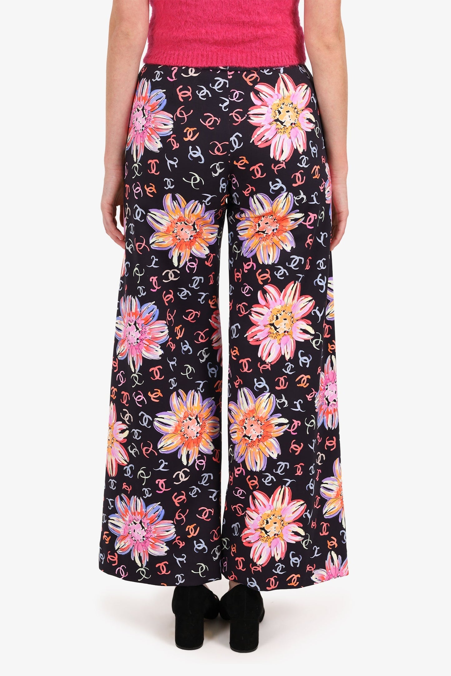 Pre-Loved Chanel™ 24S Black/Multicolour Camellia CC Print Wide Leg Pants Size 34