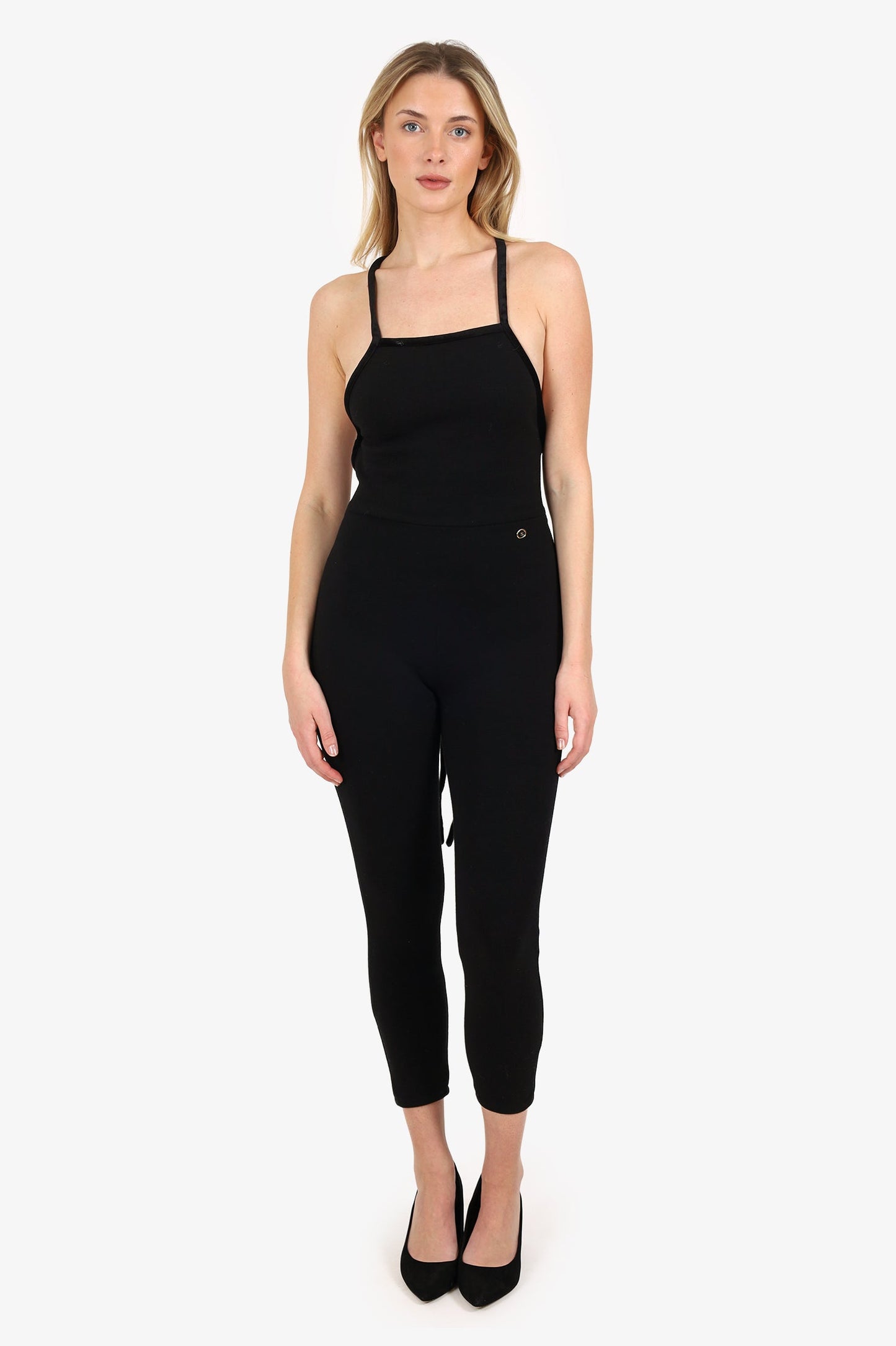 Pre-Loved Chanel™ 20F Black Velvet Trimmed Sleeveless Jumpsuit Size 36