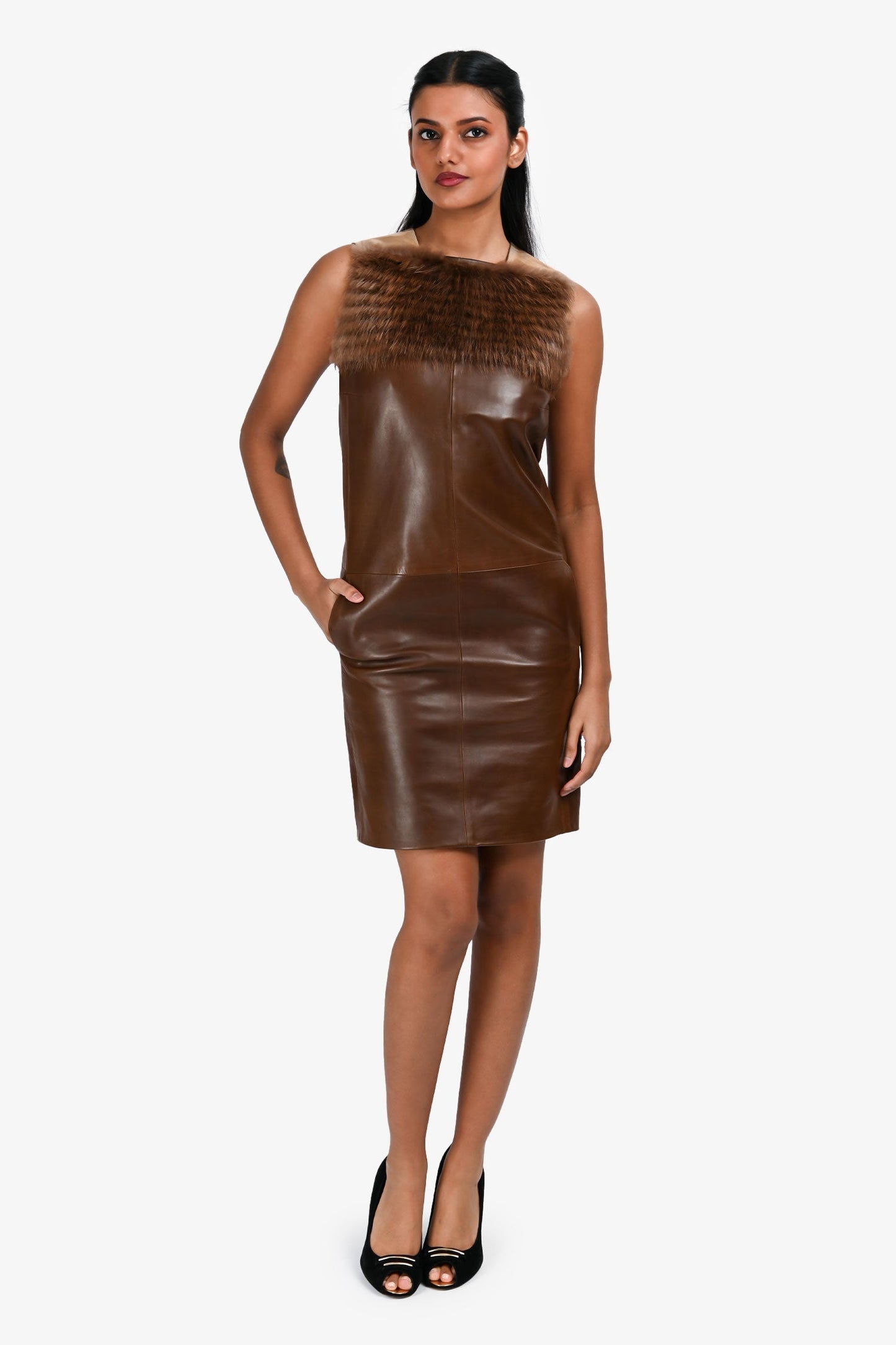 Gucci by Tom Ford Brown Leather/Fox Fur Sleeveless Shift Dress Estimated Size S