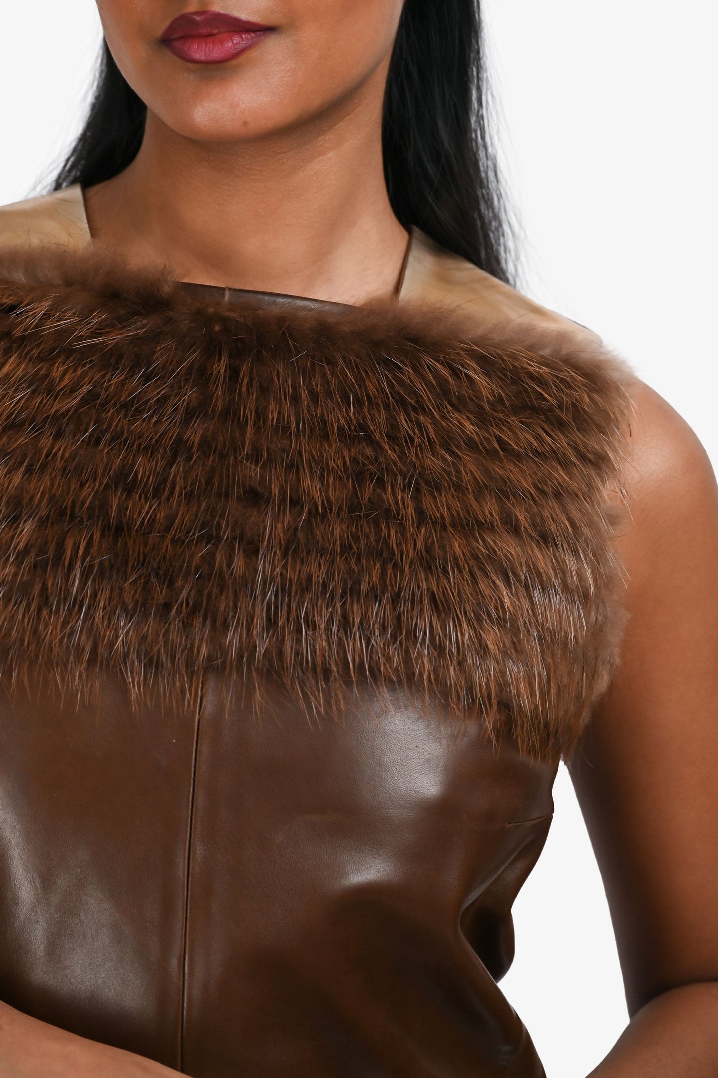Gucci by Tom Ford Brown Leather/Fox Fur Sleeveless Shift Dress Estimated Size S