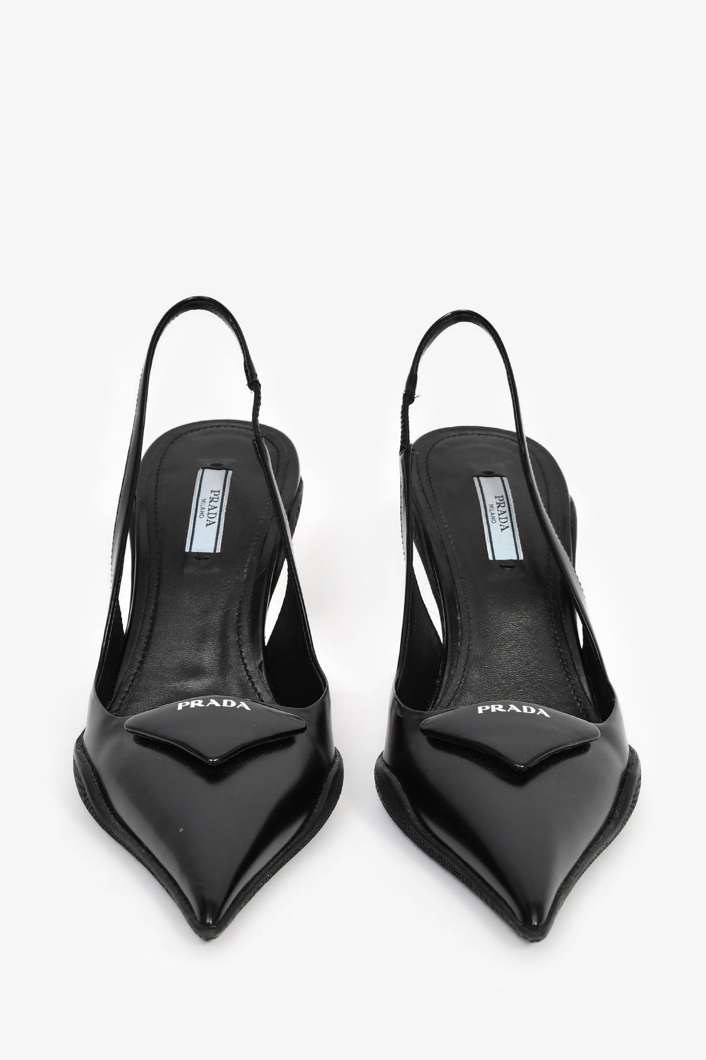 Prada Black Leather Logo-Plaque Slingback Heels Size 38.5