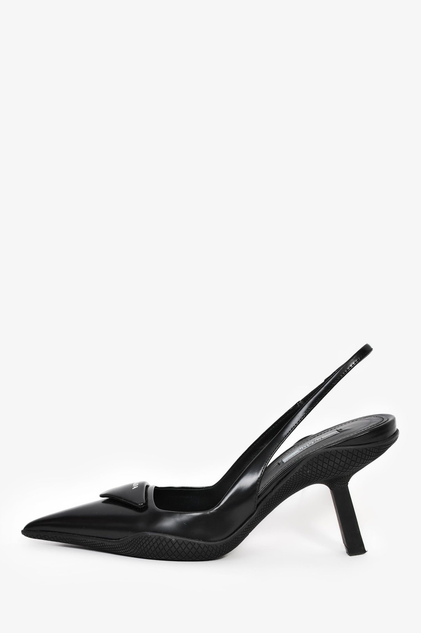 Prada Black Leather Logo-Plaque Slingback Heels Size 38.5