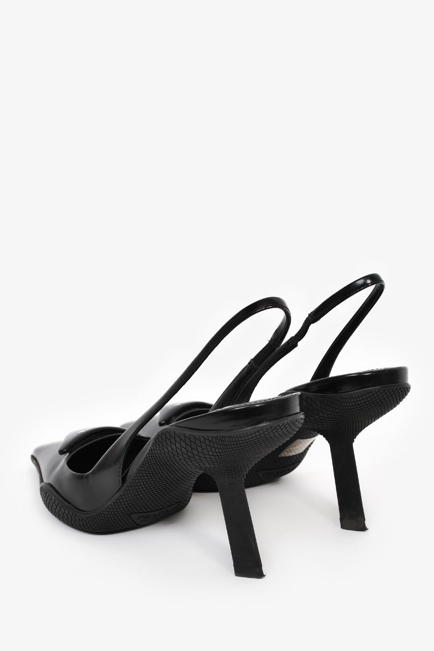 Prada Black Leather Logo-Plaque Slingback Heels Size 38.5