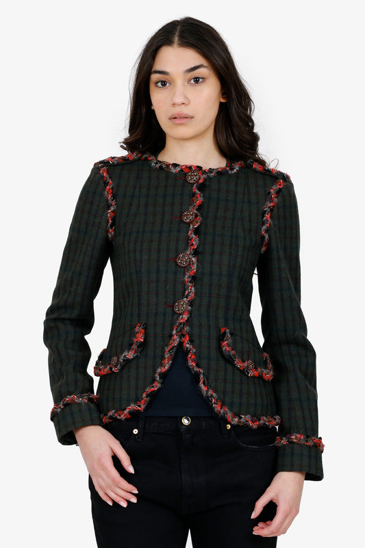 Pre-Loved Chanel™ 2013 Paris-Edinburgh Green Tartan Trim Tweed Jacket Size 36