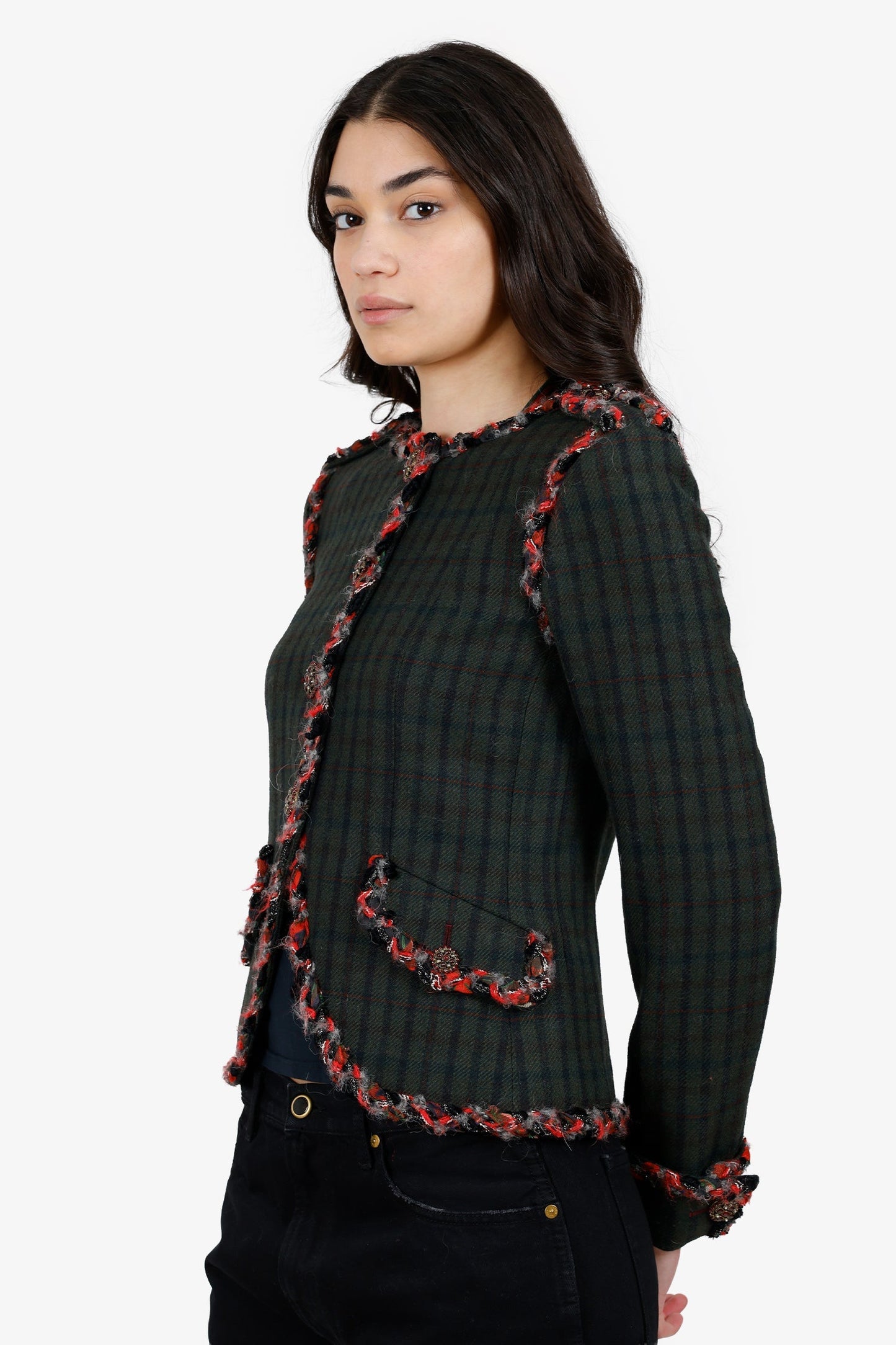 Pre-Loved Chanel™ 2013 Paris-Edinburgh Green Tartan Trim Tweed Jacket Size 36