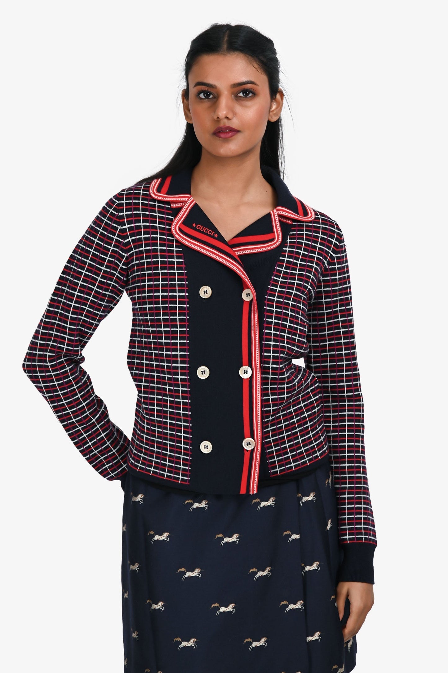 Gucci Navy/Red Wool Patterned Double Breasted Cardigan Size 12+